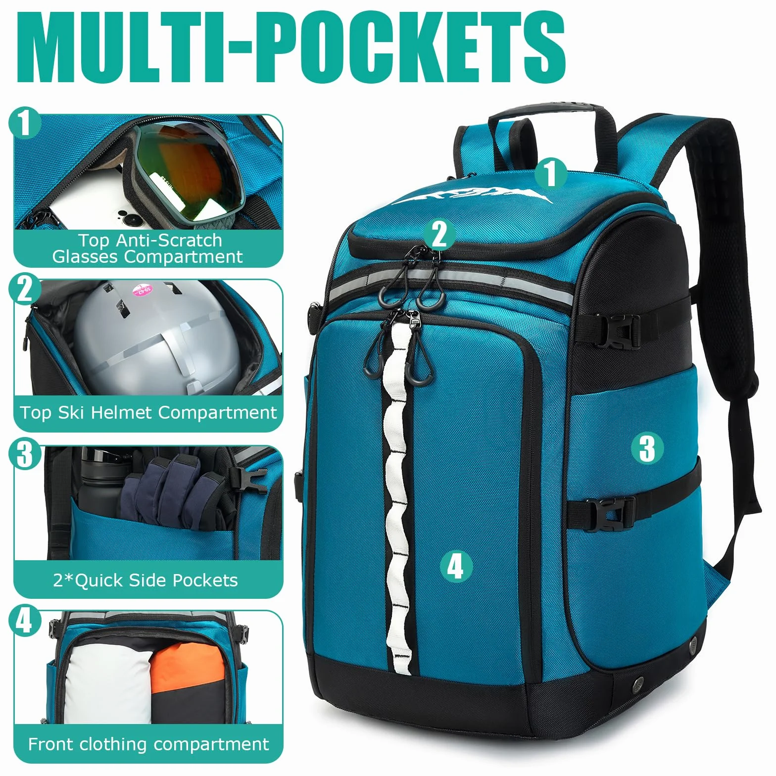 Borsa per scarponi da sci con scomparto per casco, zaino da sci in nylon, 50 l, con borsa per casco, borsa da sci per scarponi da sci, pattini in linea