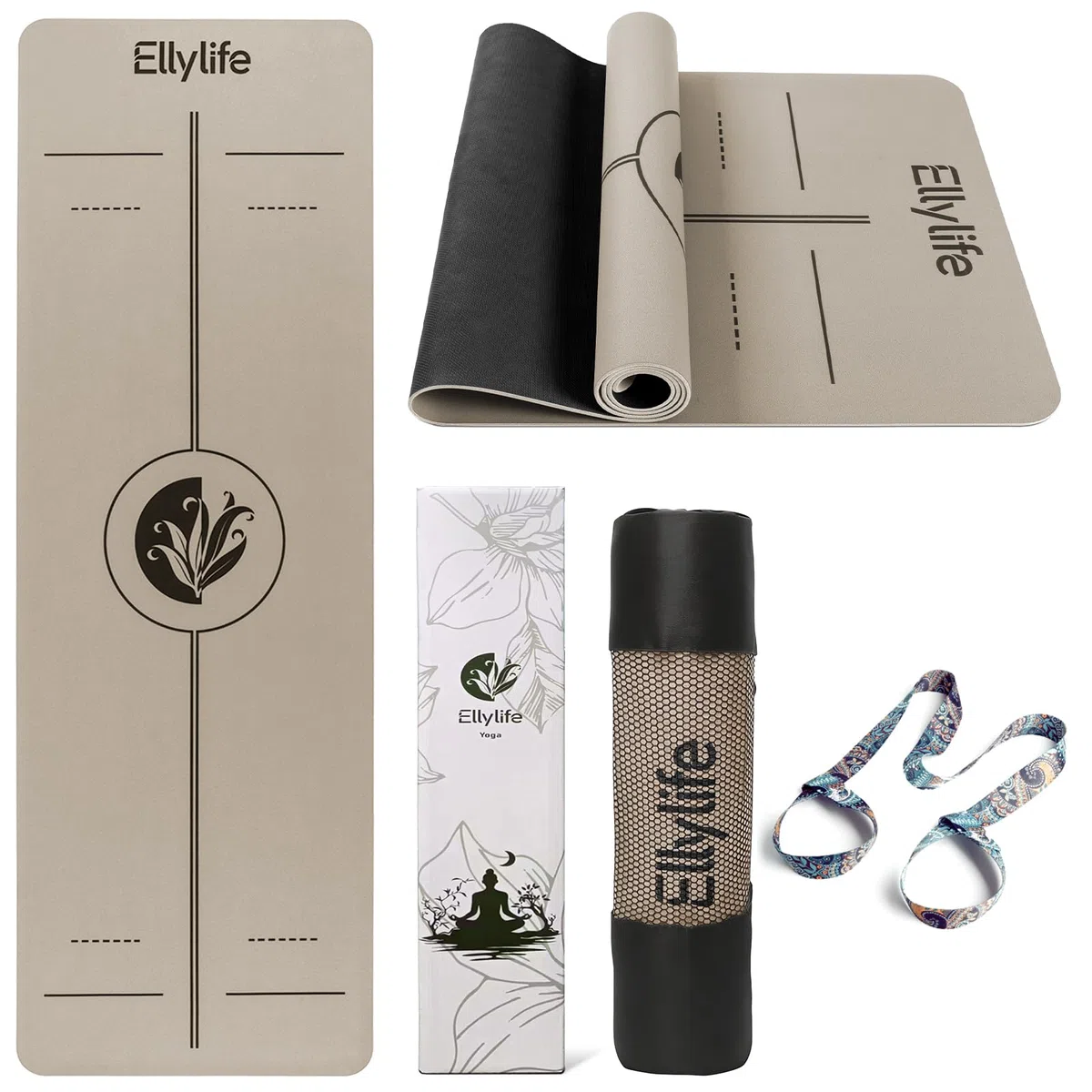 Tappetino Yoga Antiscivolo Spesso, con segni di allineamento del corpo, Gomma naturale + TPE ecologico o PU, Delicato sulla pelle, Forte presa, con Cinghia, per Yoga, Pilates e Fitness