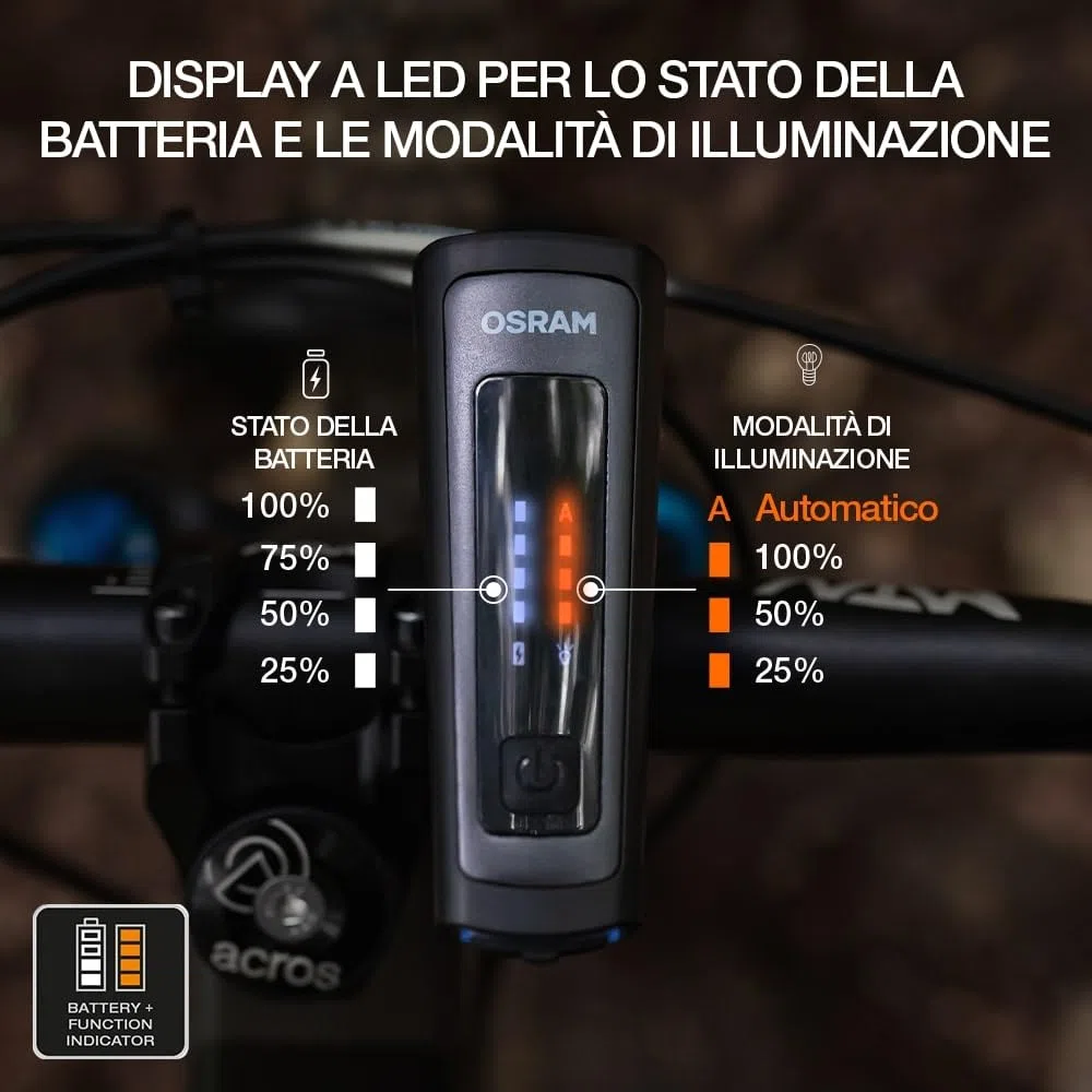 OSRAM LEDsBIKE RACE 100 SET,set di luci ricaricabili per bicicletta, set di luci a LED anteriori e posteriori con luce del freno, molteplici modalità di illuminazione, tre livelli di luminosità,100lux