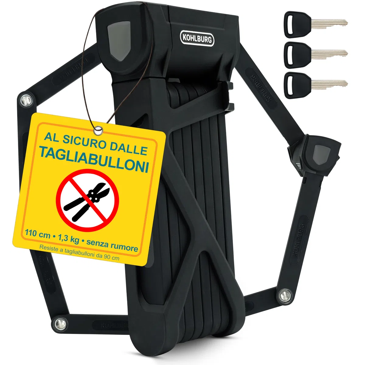 KOHLBURG Antifurto pieghevole bici 110cm chiave [resistente ai tronchesi] come antifurto per bicicletta elettrica – Antifurti per bicicletta ad alta sicurezza con supporto e-scooter – Bike Lock