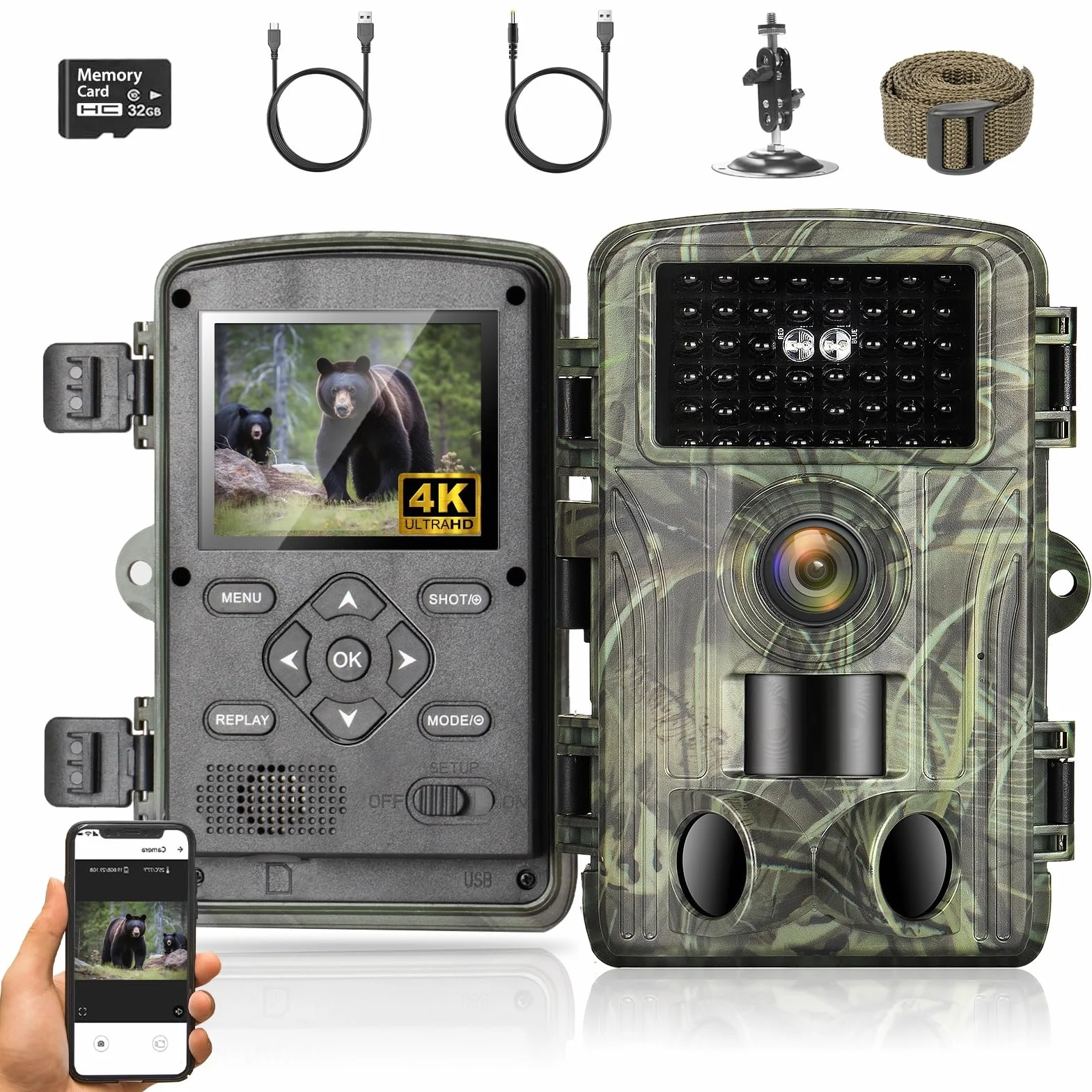 Fototrappola WiFi, 4K Fotocamera Caccia 60MP, 32GB Fototrappola Notturna con IR Visione 120 Fototrappole Infrarossi Invisibili Trappola di Sorveglianza con LCD 2.0" per Animali Movimento Attivato
