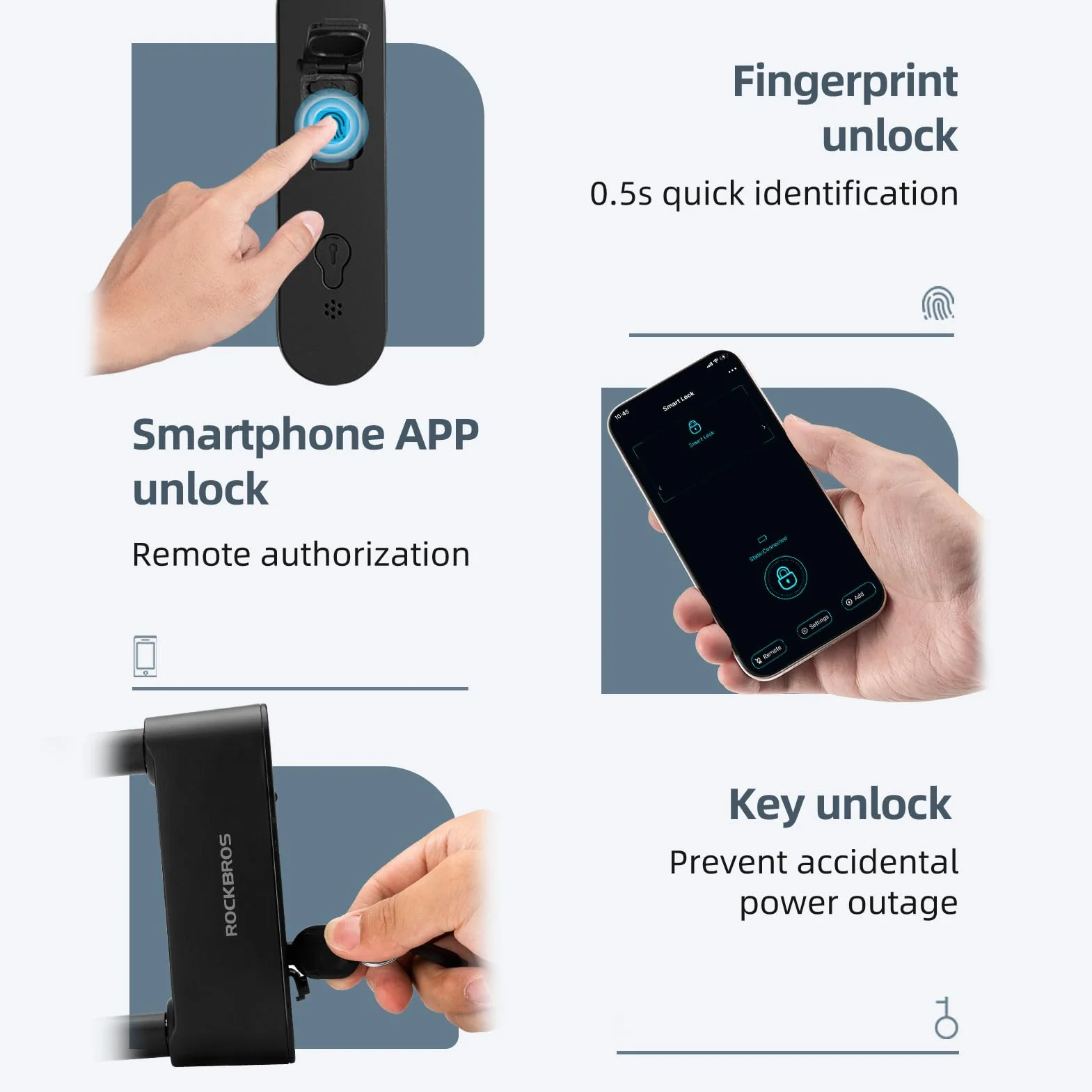 ROCKBROS Lucchetto Impronta Digitale, Blocco Intelligente delle Impronte Digitali con Controllo APP Bluetooth, Lucchetto a U Serratura Biometrica Antifurto Impermeabile Bici Moto, Nero