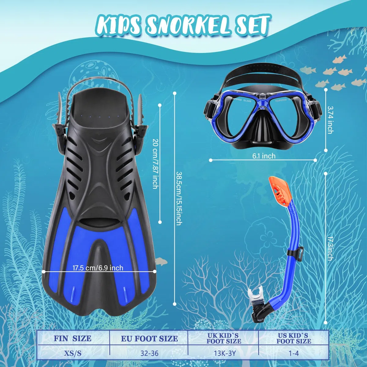 Set da snorkeling 4 in 1 per bambini, vista panoramica, maschera anti-appannamento, pinne Dry Top, con borsa da viaggio, attrezzatura per snorkeling per bambini, nuoto e immersioni