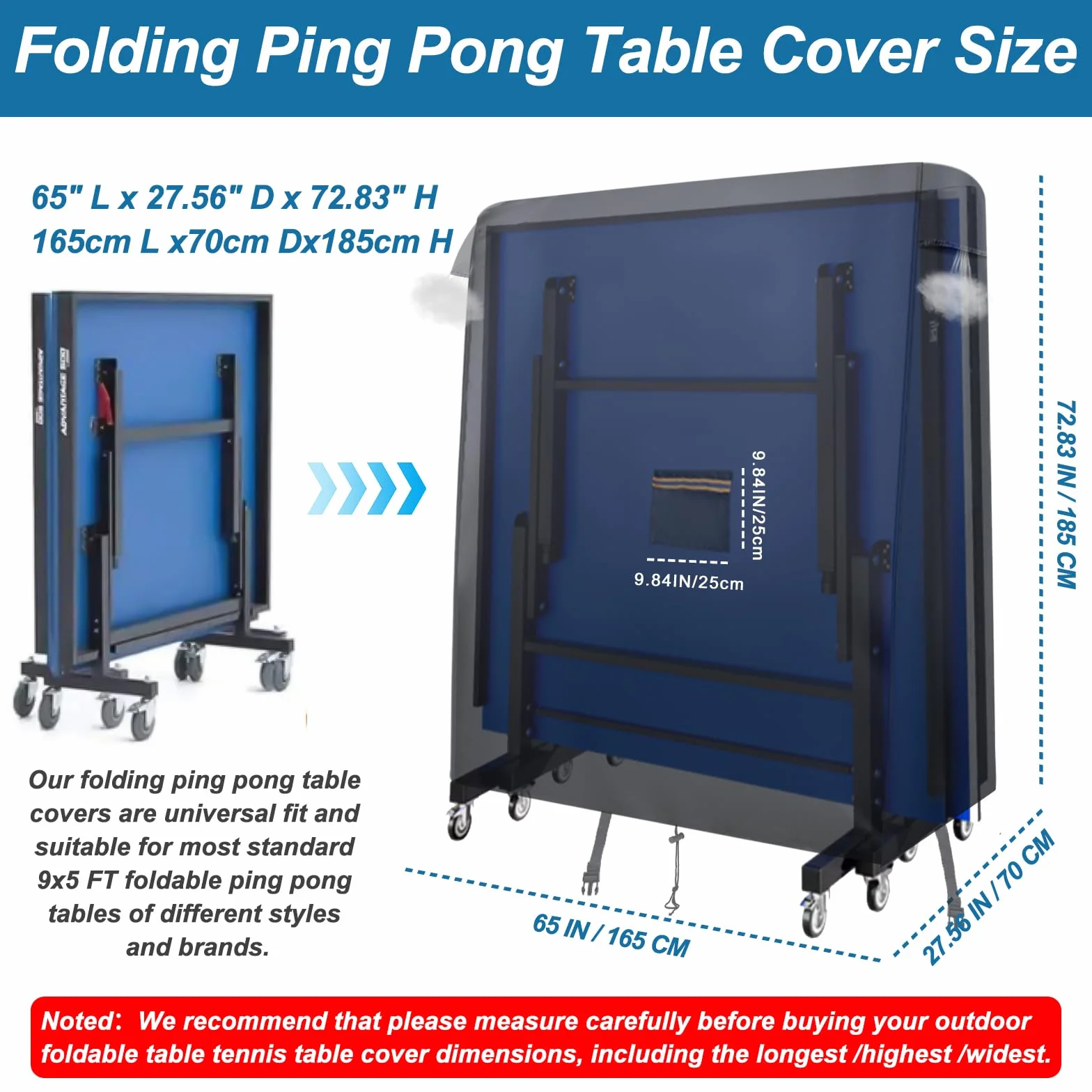 Copertura impermeabile per tavolo da ping pong, 420D, con 2 fibbie antivento, tasca per pagaia e presa d'aria, copertura universale per tavolo da ping pong, 165 x 70 x 185 cm