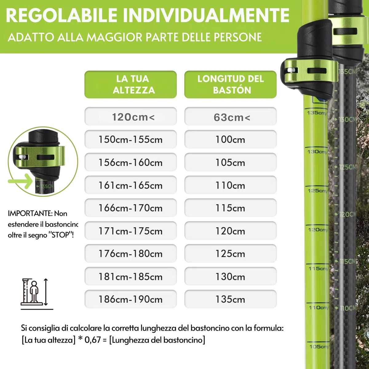 Bastoncini da trekking telescopico (Carbonio Nero) | Bastoni Nordic Walking, Manico in Sughero Ergonomico, leggero, facile da regolare 63-135 cm per per Donna e Uomo