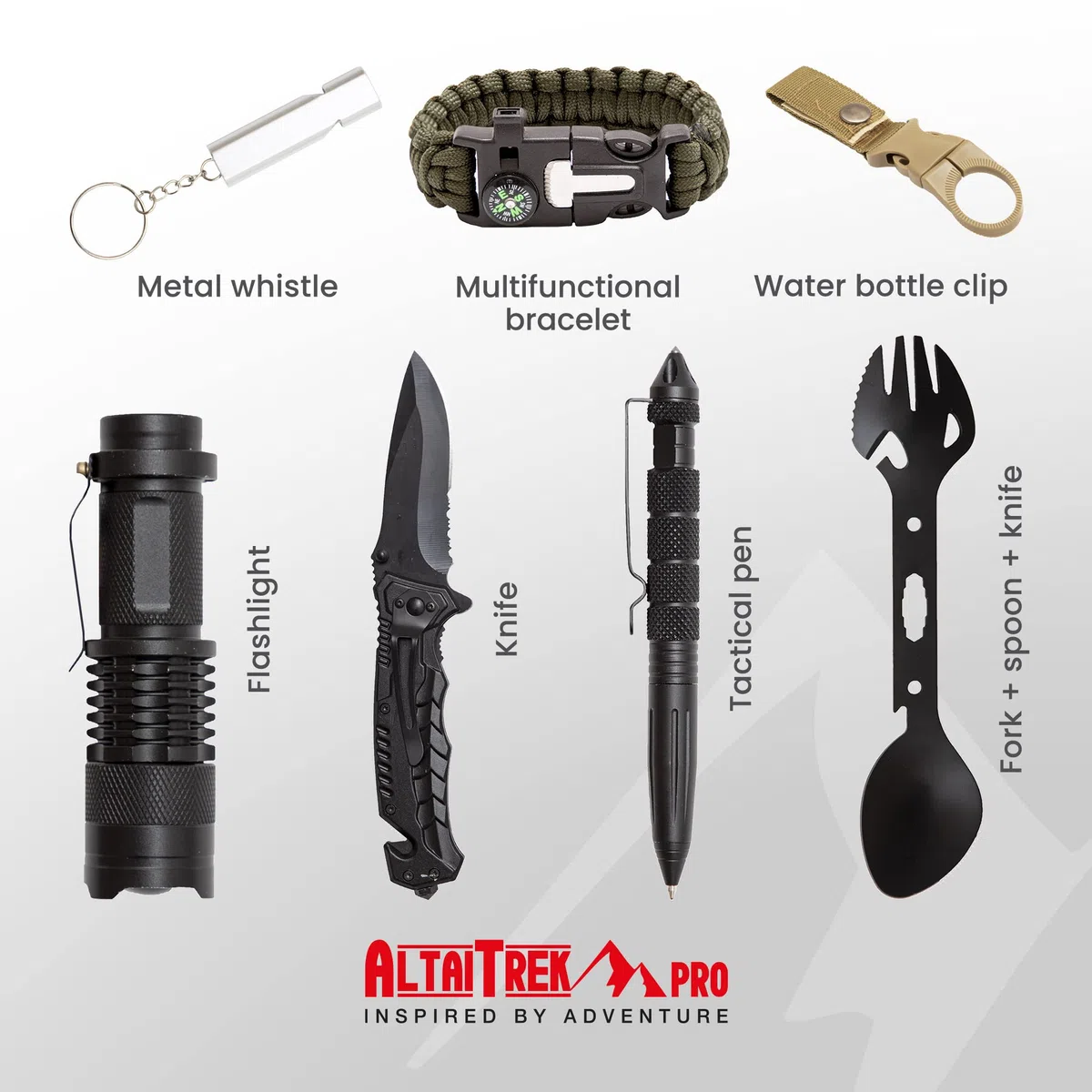 Kit Sopravvivenza con Coltello, Coperta Termica, acciarino, Penna Difesa Personale, Ascia Multifunzione | Per Campeggio, Soccorso | L'unico con Filtro Acqua Emergenza. Survival