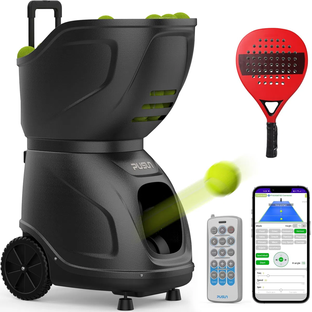 PUSUN Padel-9001 PRO-【Macchina per palline da paddle Premium】 150+ capacità | Velocità 20-140 km/h | 35 punti di atterraggio | Batteria 7-10 ore | Controllo APP (nero)