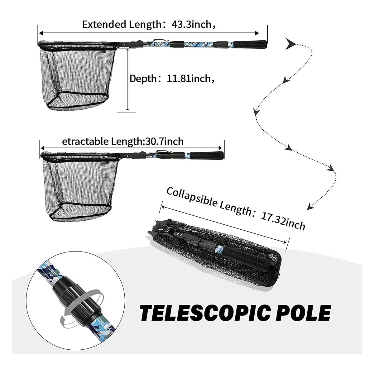 Guadino Pesca Rete da Pesca Pieghevole telescopica Robusta Maniglia for Pesce Maglia di atterraggio for Attrezzatura da Pesca alla Carpa Cattura Rilascio Retino da Pesca