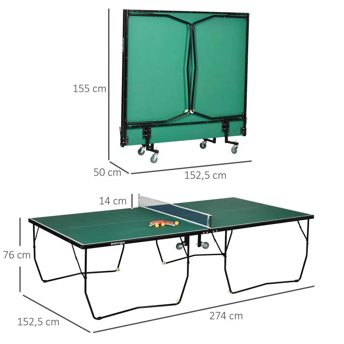 Tavolo da ping pong pieghevole con ruote, set da ping pong con rete, 2 racchette e 3 palline, dimensioni standard 274 x 152 x 76 cm, pannello MDF, struttura in acciaio