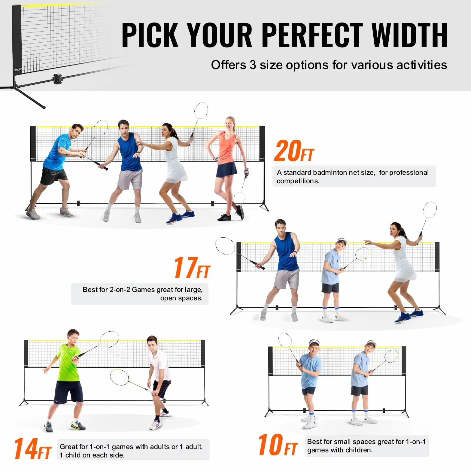 VEVOR Rete da Badminton e Pallavolo, Nylon Portatile, Regolabile, Pieghevole per Pickleball, Facile da Installare con Pali, Uso Interno ed Esterno, 510 x 155 x 103 cm