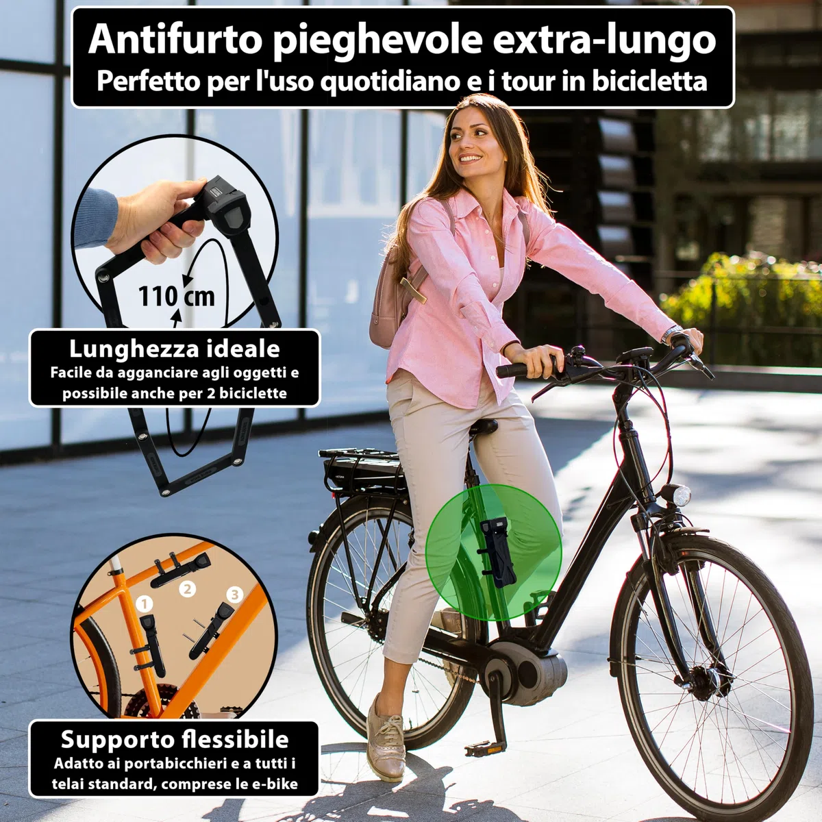 KOHLBURG Antifurto pieghevole bici 110cm chiave [resistente ai tronchesi] come antifurto per bicicletta elettrica – Antifurti per bicicletta ad alta sicurezza con supporto e-scooter – Bike Lock