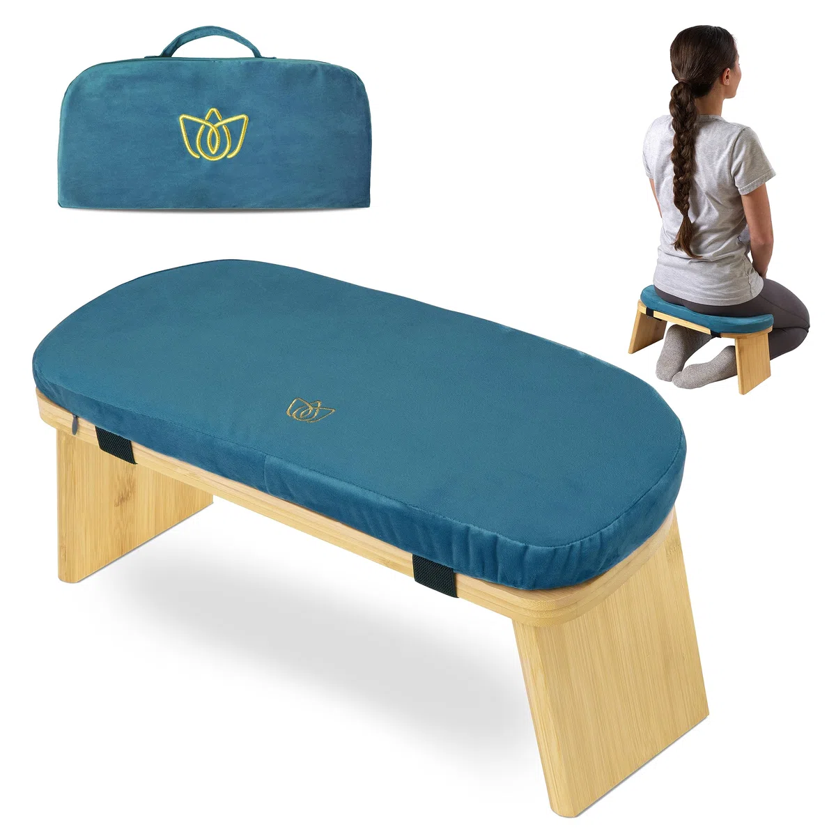 Florensi Panca da meditazione, in legno di bambù, sgabello pieghevole da meditazione con cuscino e borsa da viaggio, sedia da preghiera per yoga o seduti