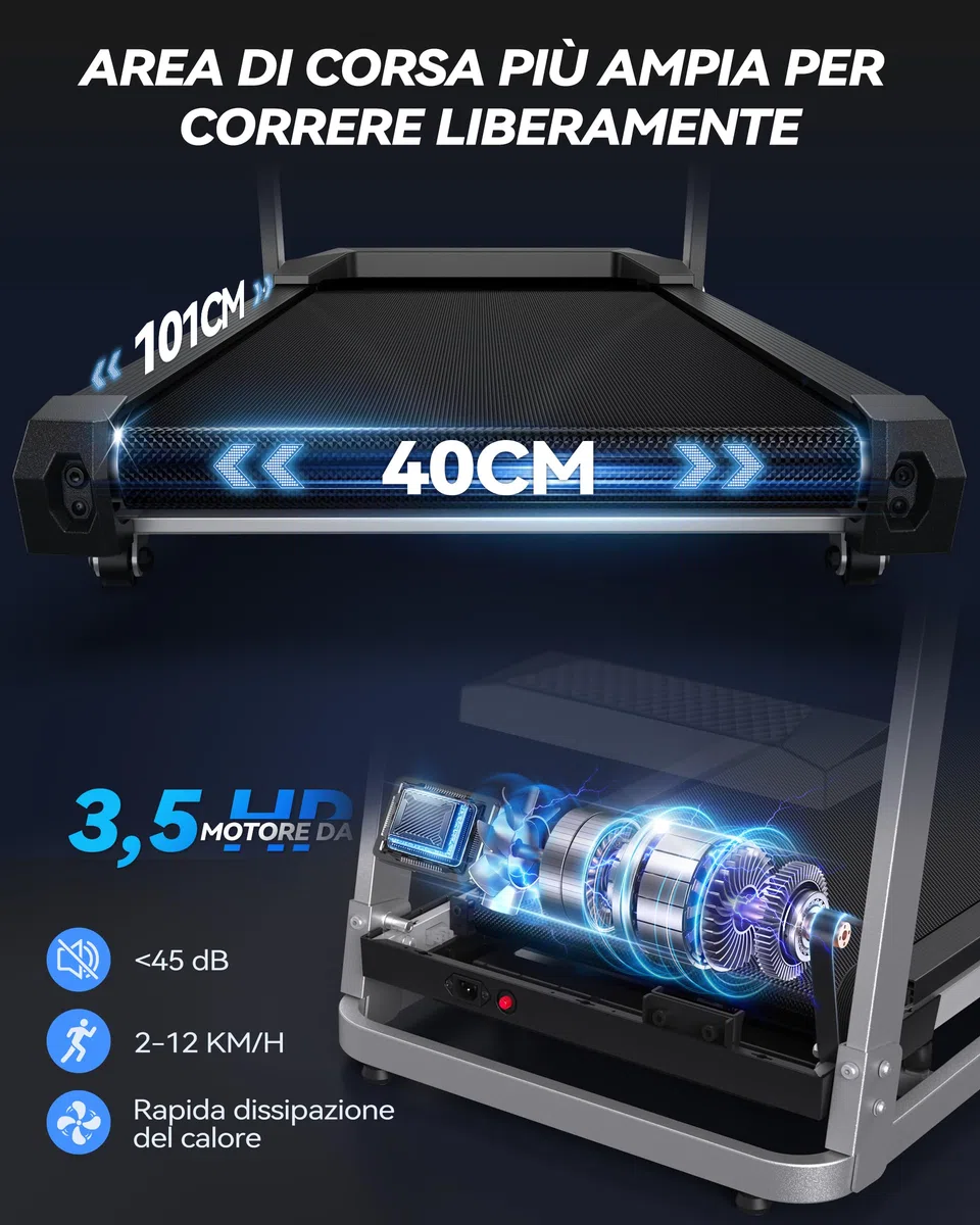 Cardirun Tapis Roulant Elettrico Pieghevole 3.5 HP con Cardiofrequenzimetro