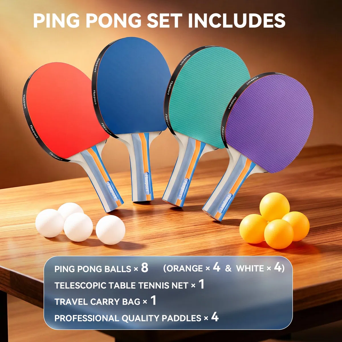 Set da ping pong con 4 pagaie, 1 rete retrattile, 8 palline, 1 borsa per il trasporto | Set di pipistrelli da ping pong per allenatori adulti famiglie indoor outdoor