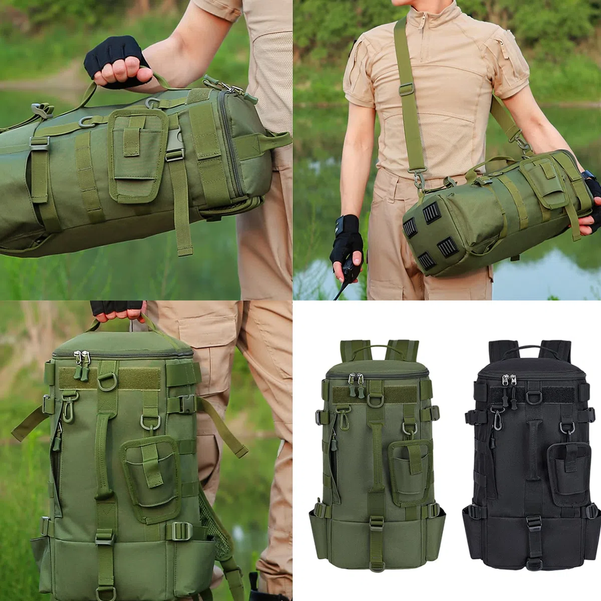 Borsa per attrezzatura da pesca resistente all'acqua all'aperto con supporto per canna da pesca zaino borsa porta canna da pesca, Verde