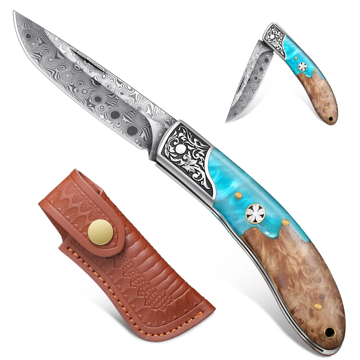 Freelander Coltello tascabile pieghevole in acciaio 5CR15, manico in legno di pera, per esterni, sopravvivenza e pesca con fondina