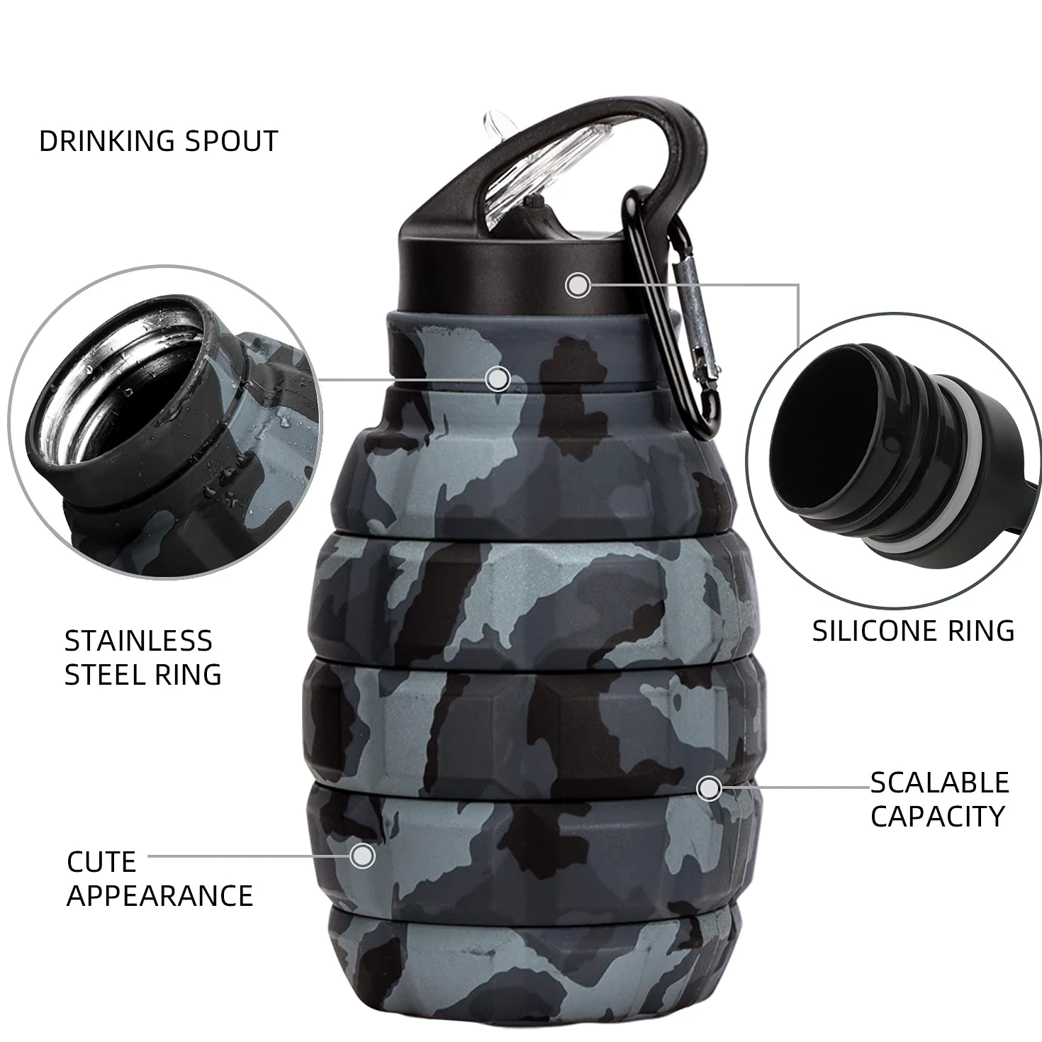 Borraccia da Viaggio Pieghevole 20 oz, Borraccia Riutilizzabile Senza BPA In Silicone Pieghevole Per Palestra Campeggio Escursionismo, Borracce Sportiva Portatile A Prova Di Perdite Con Moschettone