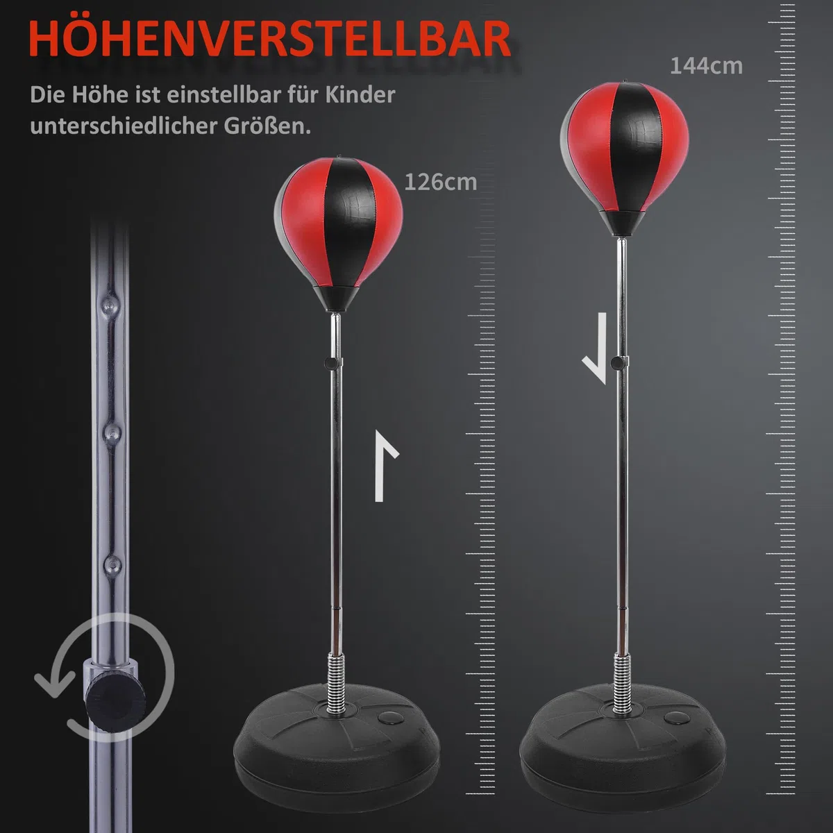 HOMCOM Set Punching Ball da Terra per Adolescenti con Guantoni e Pompa, Pungiball Boxe con Altezza Regolabile su 4 Livelli da 125-145 cm, Nero e Rosso