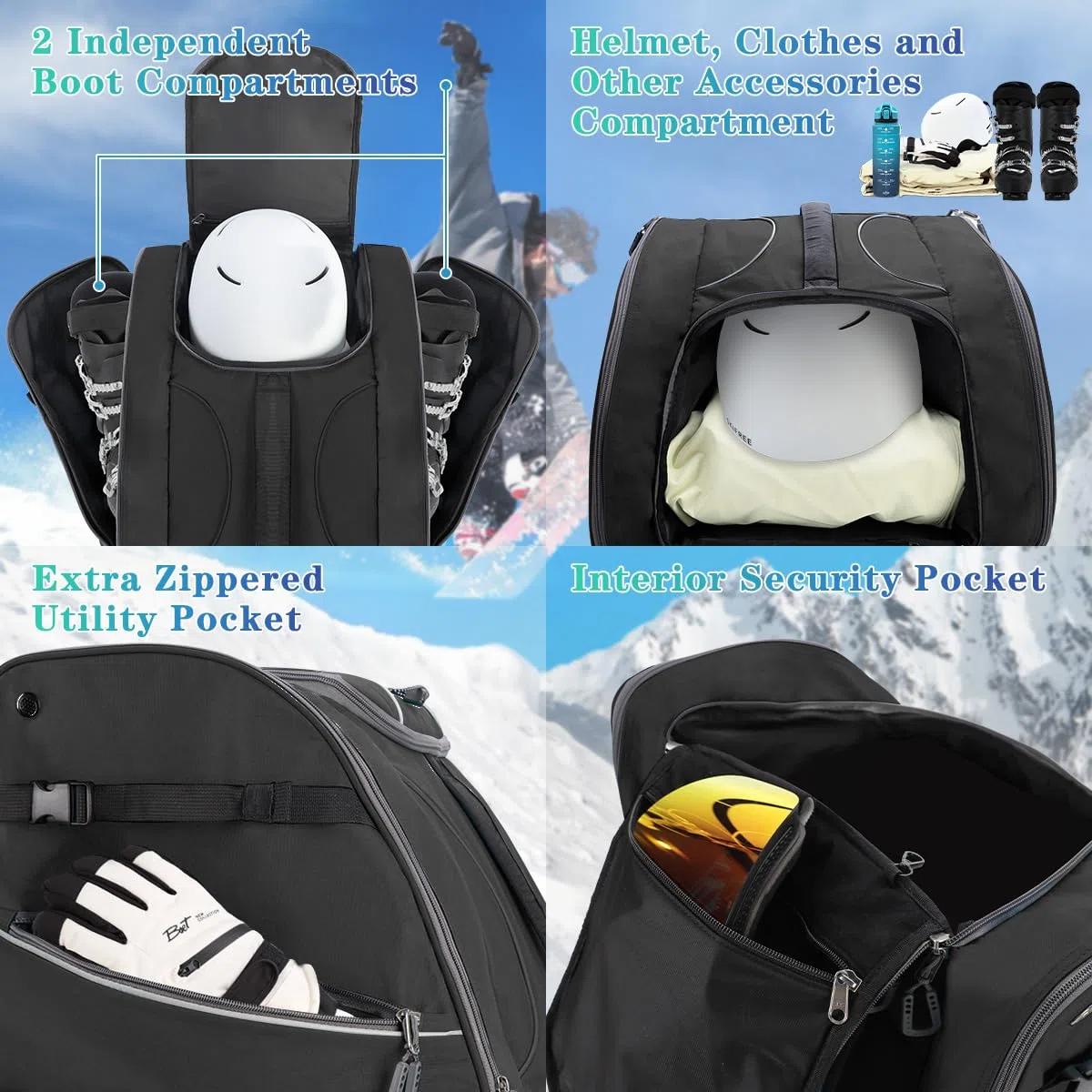 Borse per Scarponi Sci, con Scomparto per Casco e cinghie 55L, ideale per viaggi, Zaino per Scarponi da Sci Snowboard per Giacca, Casco, Occhiali di Protezione, Guanti, Scarponi da Neve