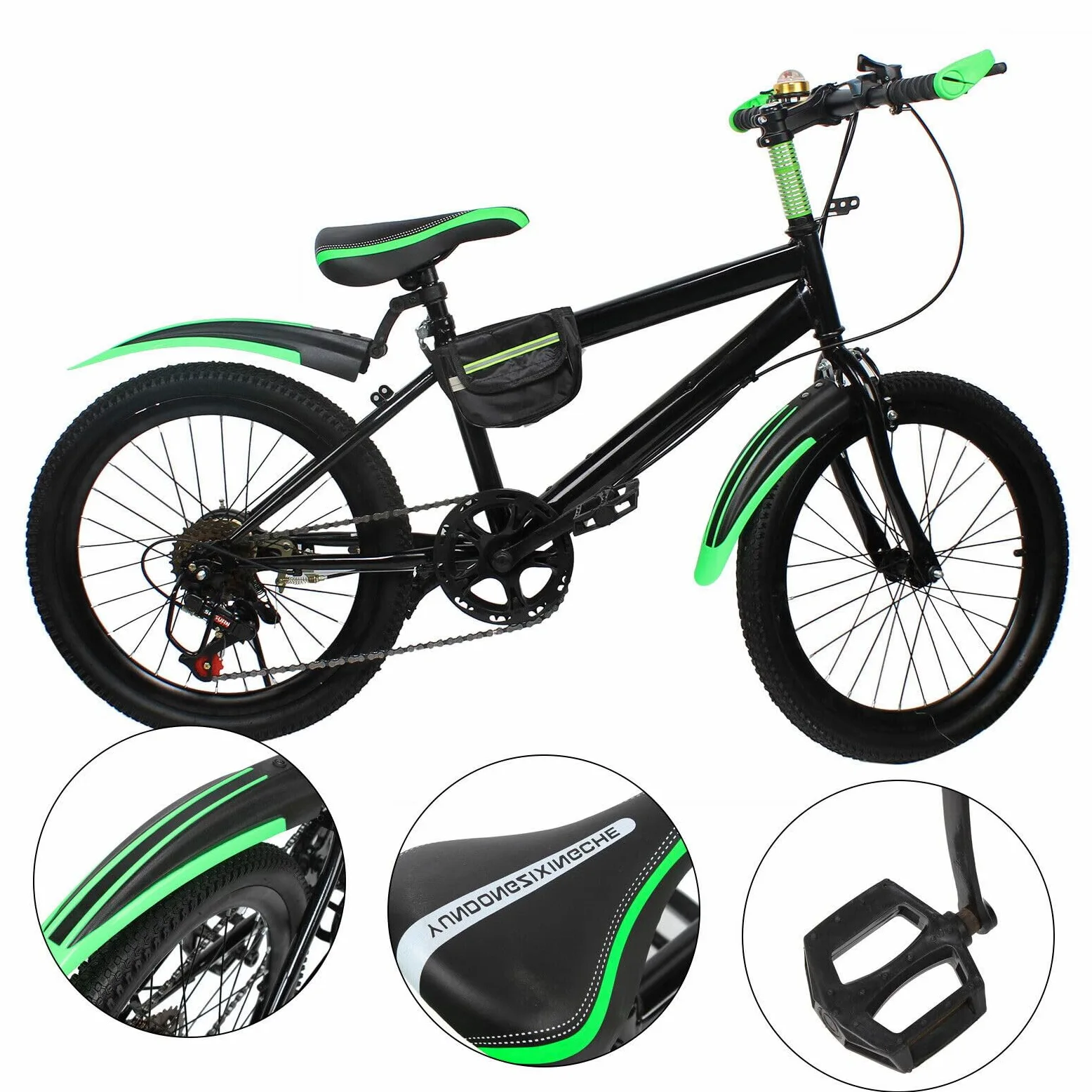 Mountain bike, bicicletta da 20 pollici, da uomo, con telaio in acciaio, sella in poliuretano, parafanghi, cambio sportivo, outdoor, strada, montagna, di alta qualità, stabile, verde