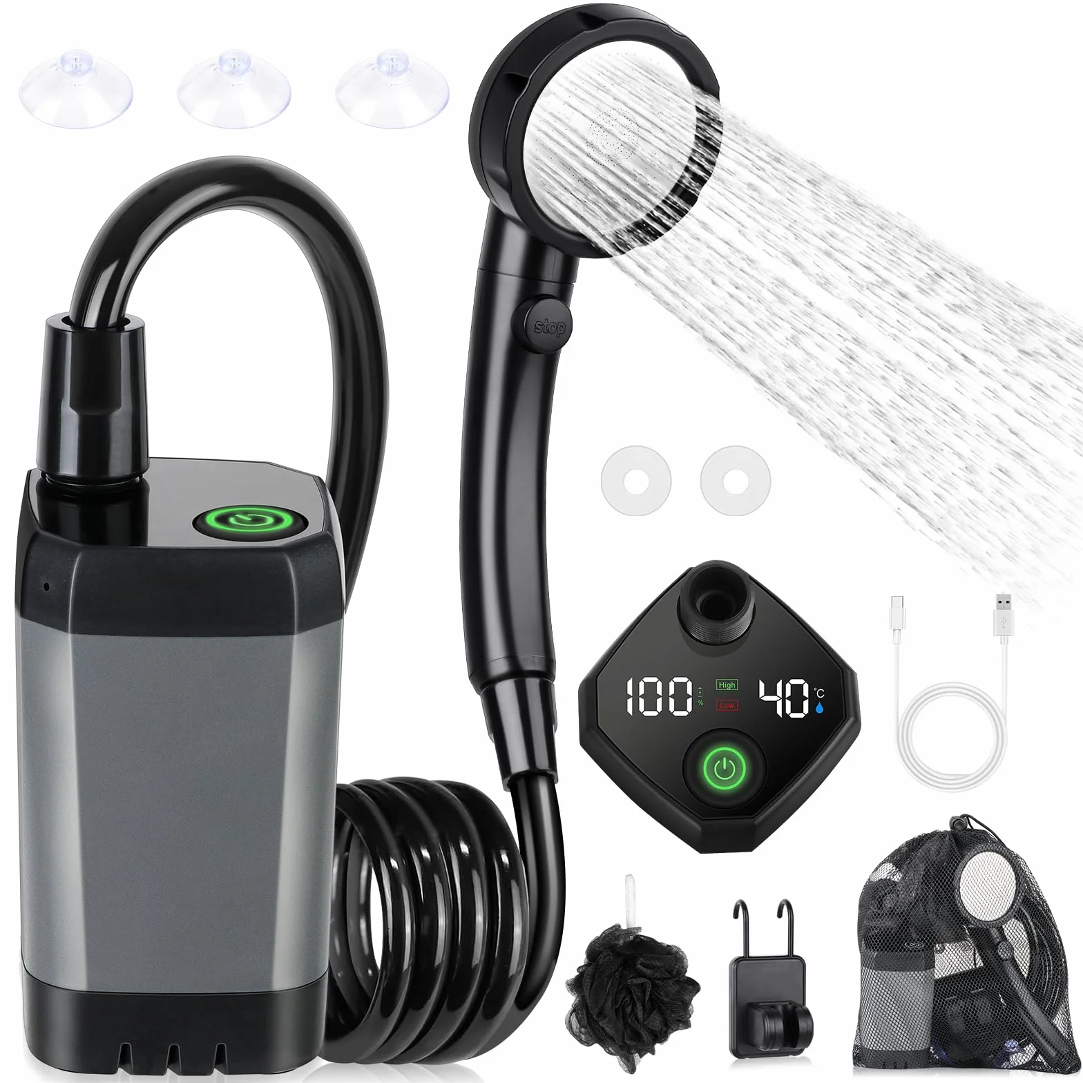 Spopal Doccia da Campeggio, [Ricaricabile 6000mAh] Doccia Portatile Campeggio, Doccia Campeggio con Display di Temperatura e Potenza, Doccia Esterna per Spiaggia, Auto, Giardino, Animali