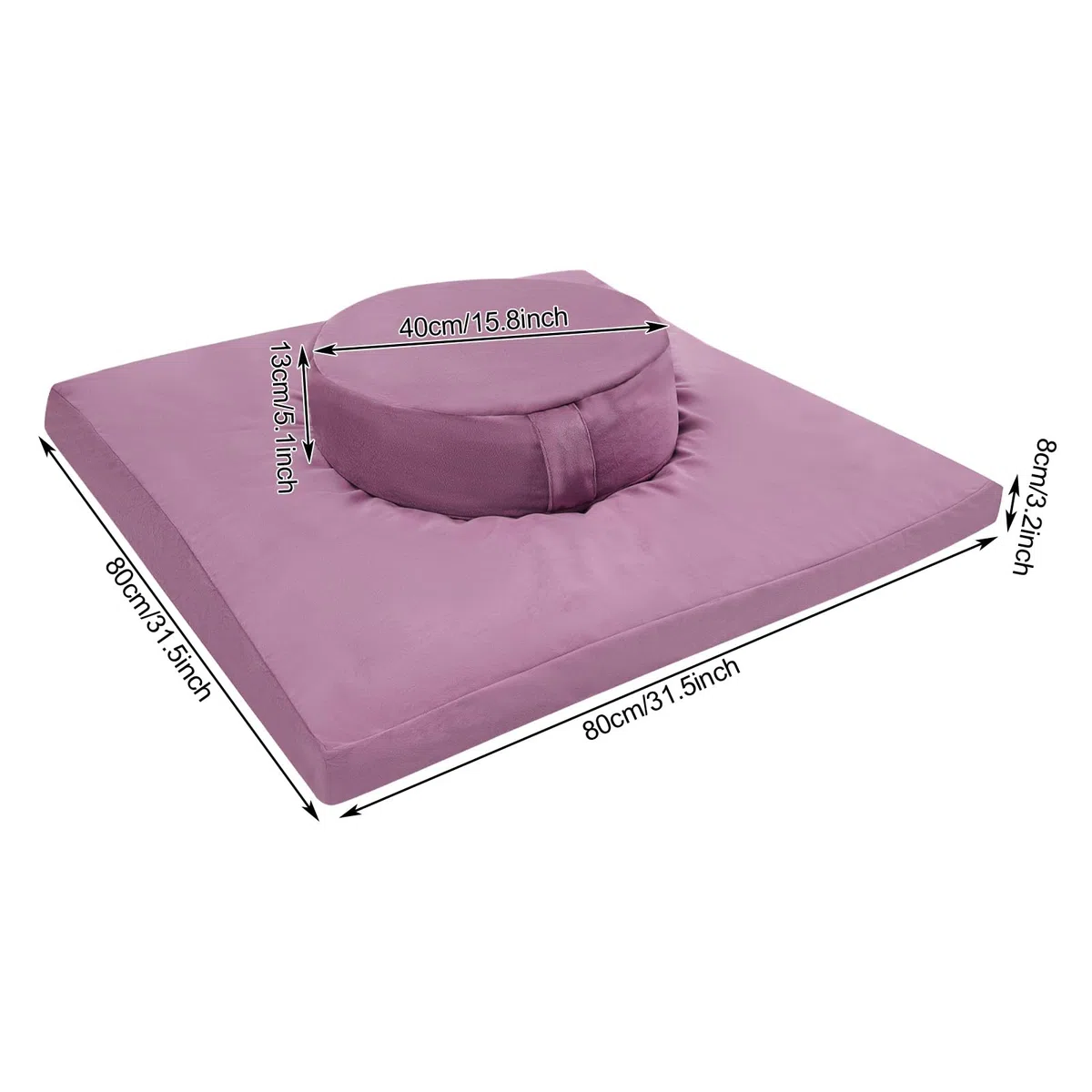 Zabuton Zafu Set, tappetino da meditazione quadrato, 80 x 80 x 8 cm, in cotone di alta qualità, rotondo, cuscino da yoga, 40 x 13 cm, manicotto di grano saraceno, rimovibile, lavabile in