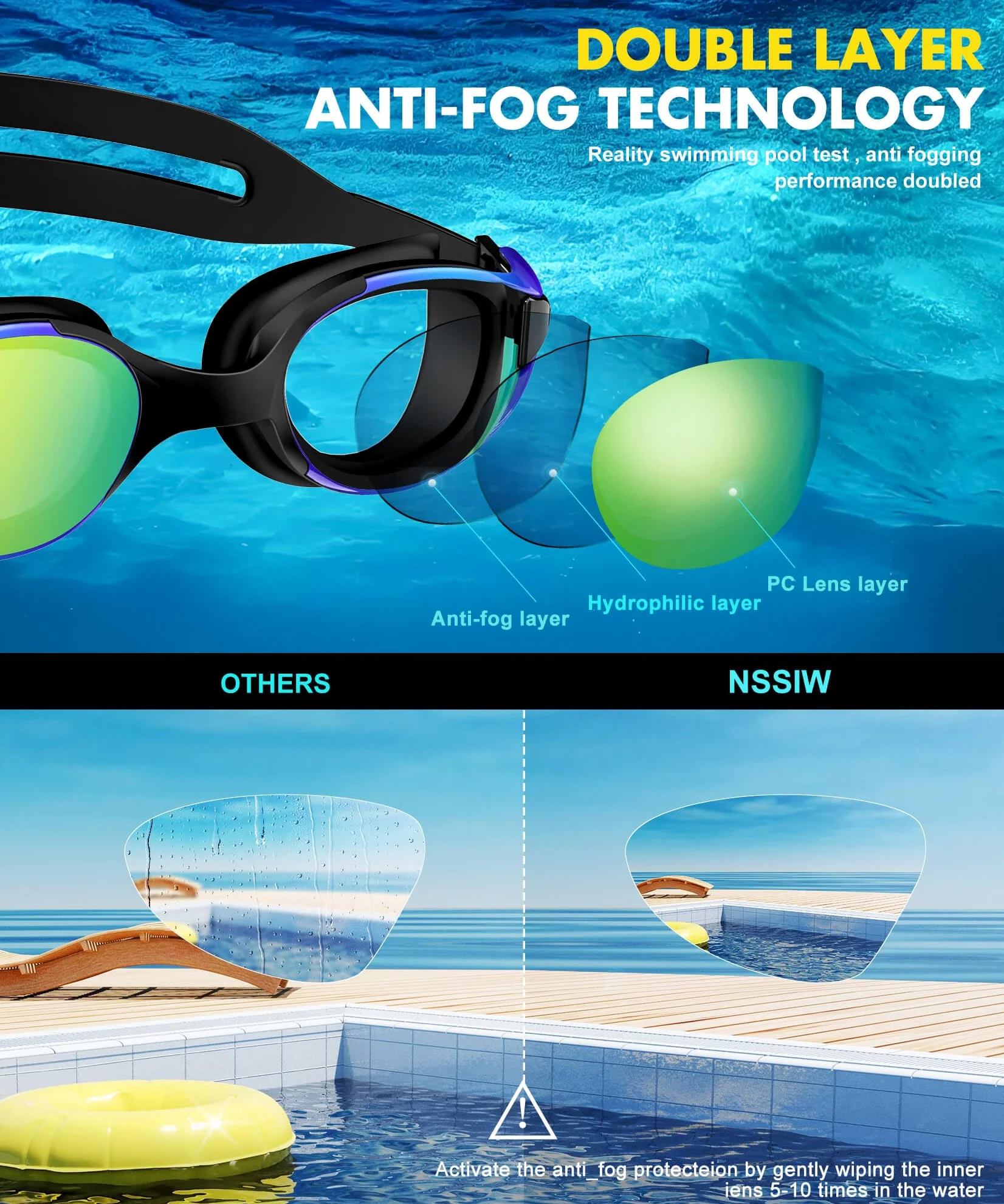 NSSIW Occhialini da nuoto per adulti, anti appannamento con protezione UV400 e senza perdite, per uomini e donne, confezione da 3