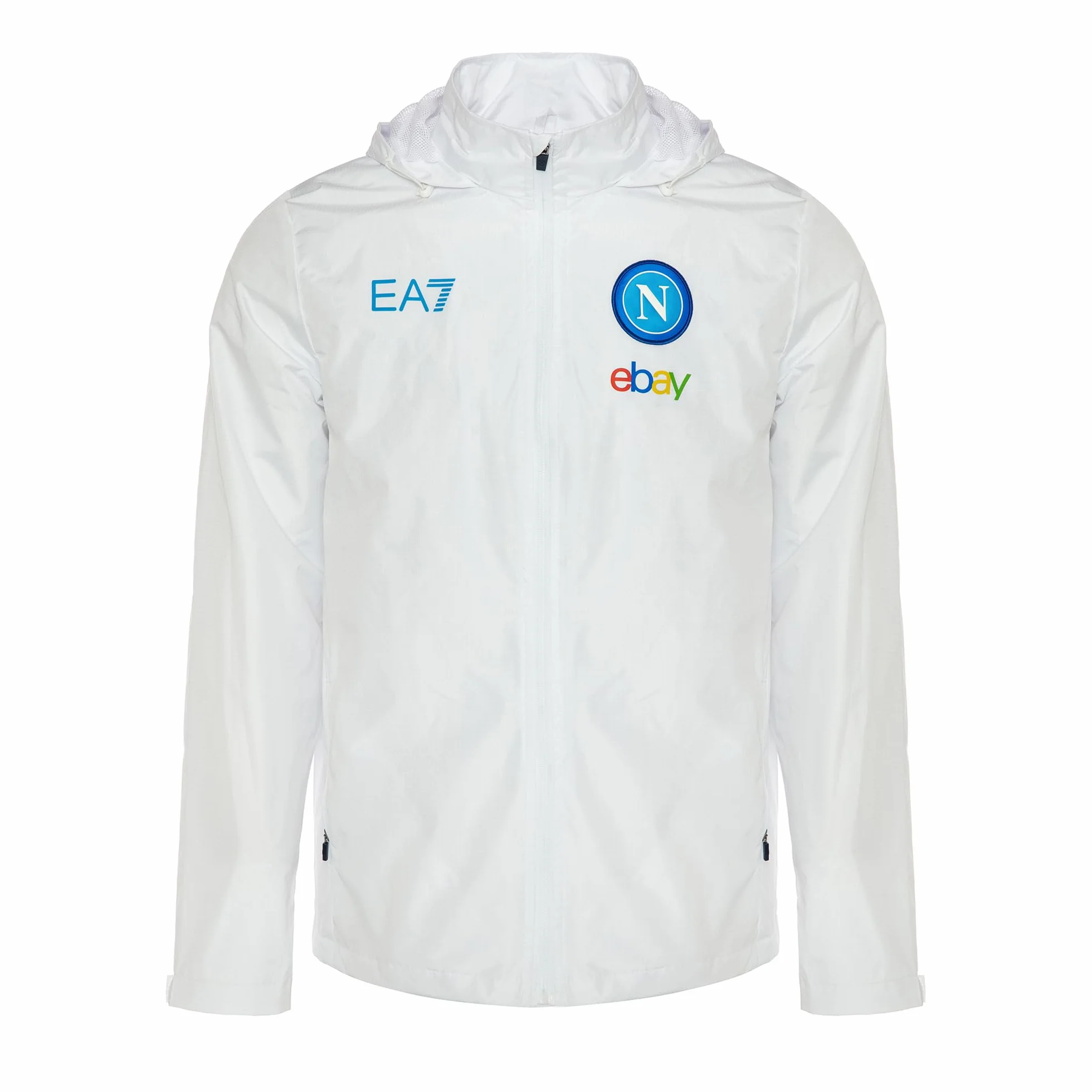 SSC NAPOLI Giacca Antivento Pesante Bianca, EA7, Prodotto Ufficiale, Logo SSCN, Invernale, con Cappuccio, Chiusura Zip, XL