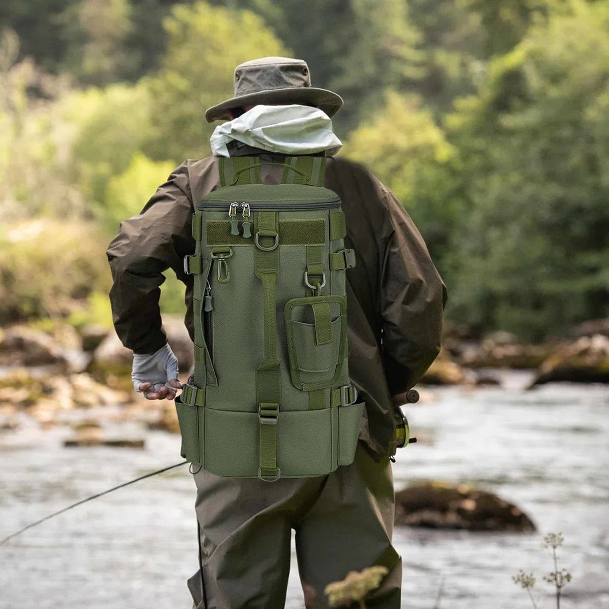 Zaino per attrezzatura da pesca, borsa portaoggetti da pesca all'aperto | con supporti per canna da pesca, borsa versatile per campeggio, escursionismo e attrezzatura da pesca, Verde militare, Siehe