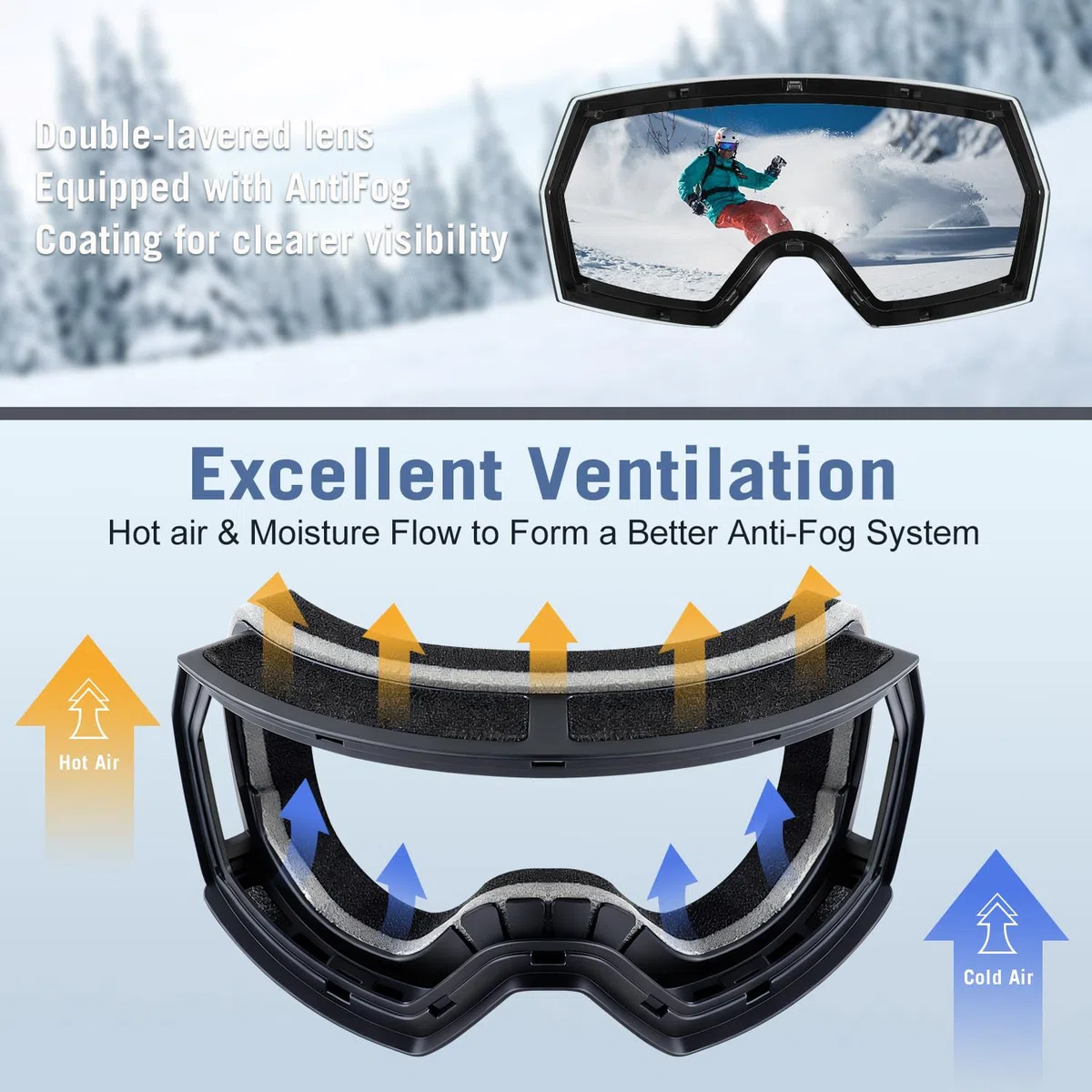 FMY Occhiali da sci per uomini, donne e ragazzi, anti appannamento, protezione UV400, per snowboard, sci, per adulti
