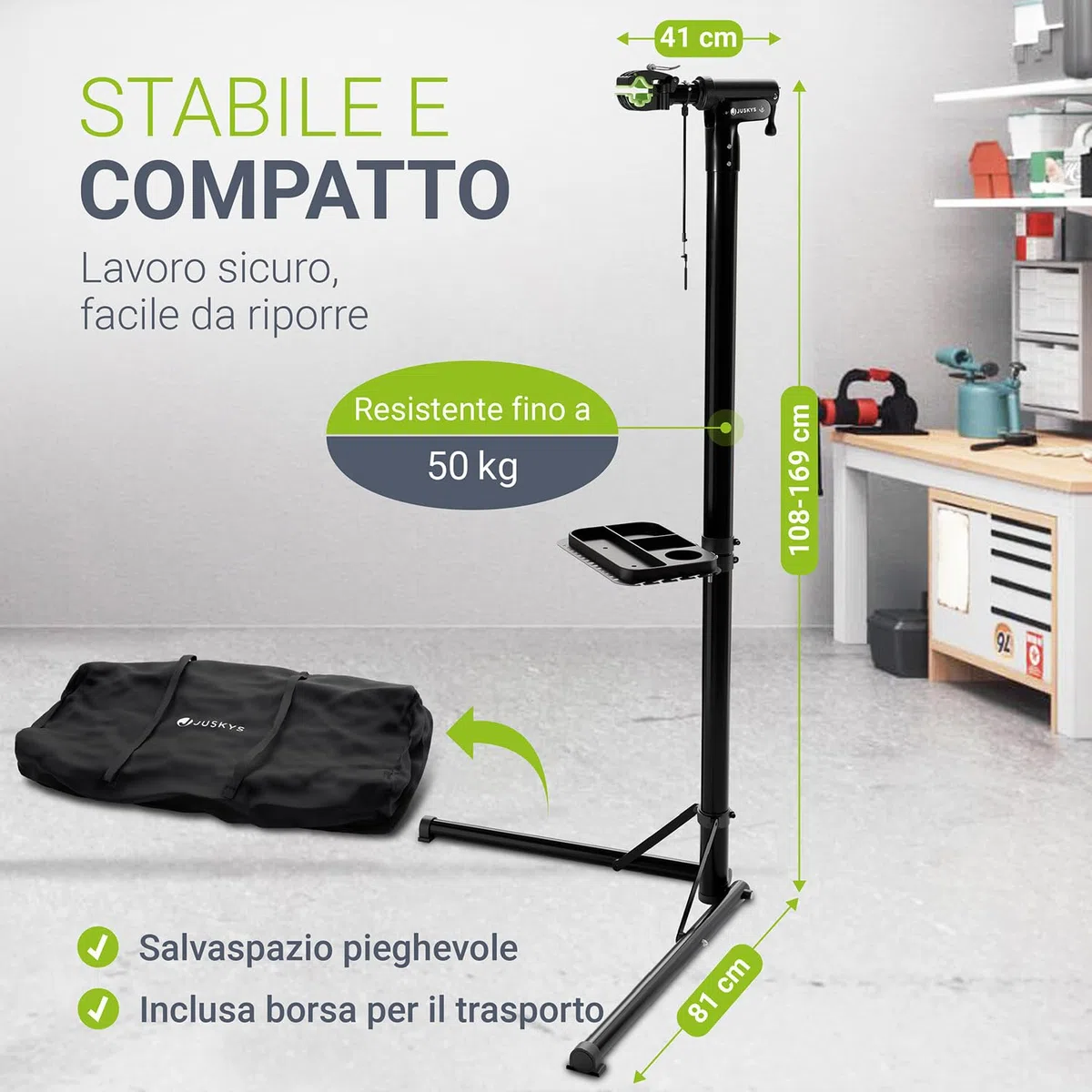 Juskys Cavalletto pieghevole per riparazione bici - Supporto regolabile in altezza con rivestimento in gomma e vassoio portautensili - Per biciclette fino a 50 kg