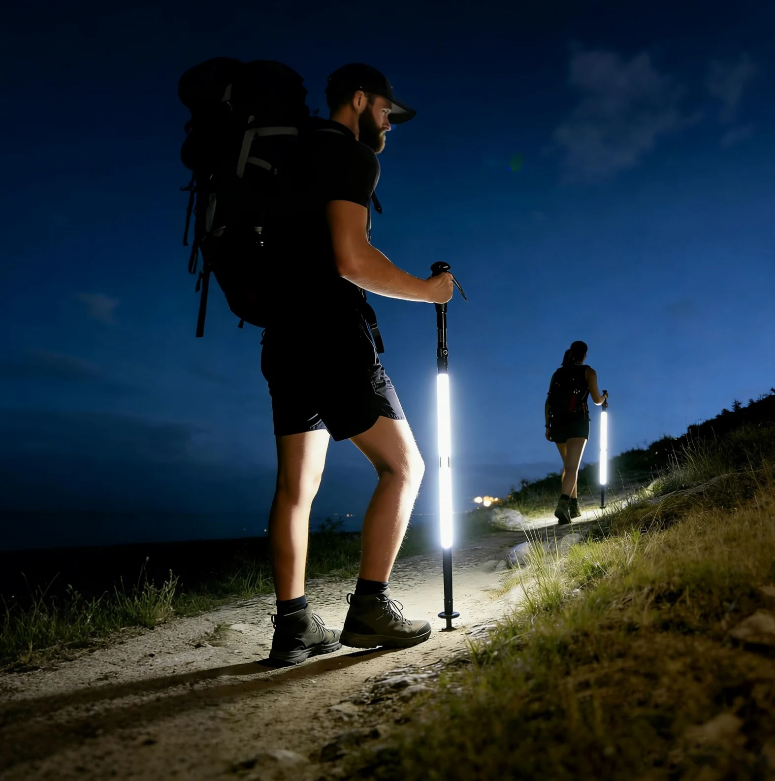 Bastoni da trekking ricaricabili a LED, pieghevoli, con torcia staccabile, multi-strumento di sopravvivenza, personale illuminato per campeggio, escursionismo, uso di emergenza
