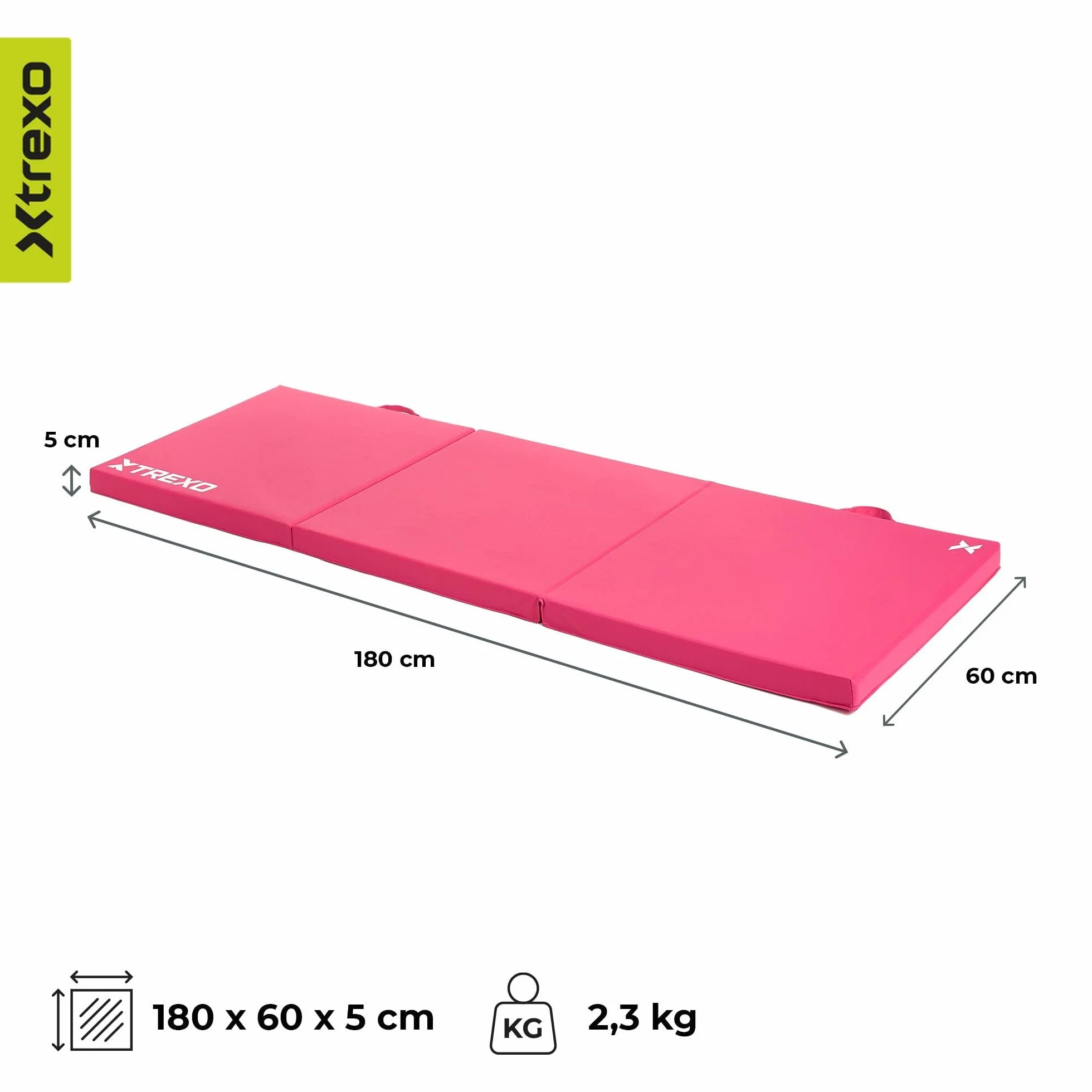 TREXO Materasso da ginnastica pieghevole, 180 x 60 x 5 cm, 3 pezzi, rivestimento in pelle ecologica resistente all'abrasione, schiuma PE flessibile, maniglia per il trasporto, facile da pulire