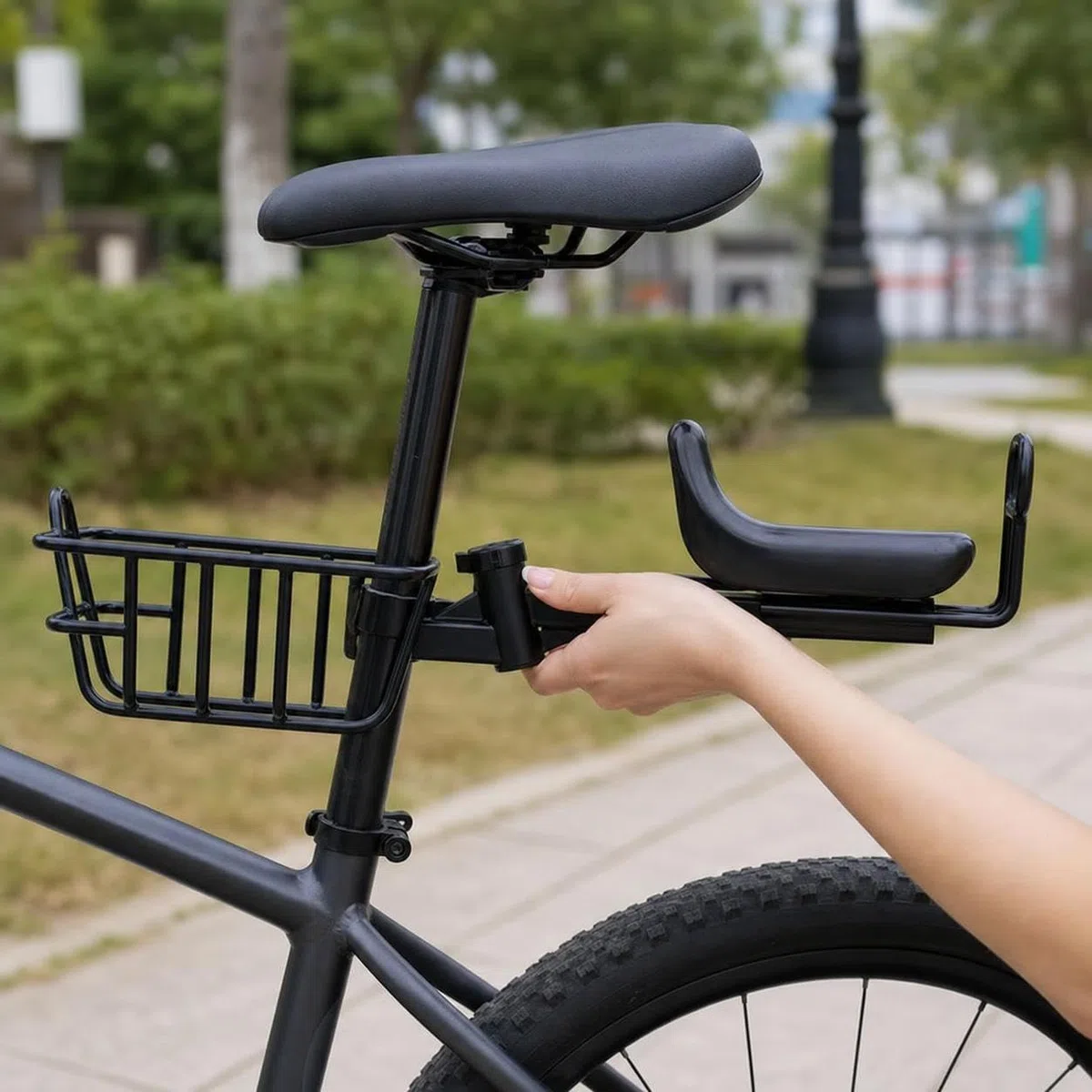 Cestino Bici in Metallo con Sedile Integrato, Sgancio Rapido per Bicicletta e Monopattino Elettrico, per Bici