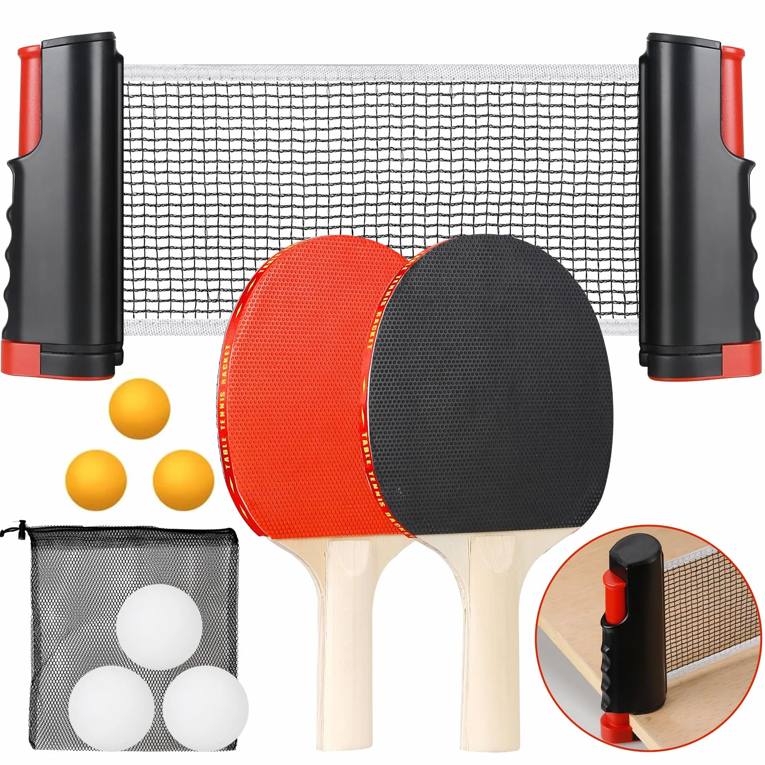Set da Ping Pong Portatile Con Rete Regolabile, 2 Racchette, 3 Palline, Borsa a Rete Con Coulisse - Per Tavolo Ping Pong