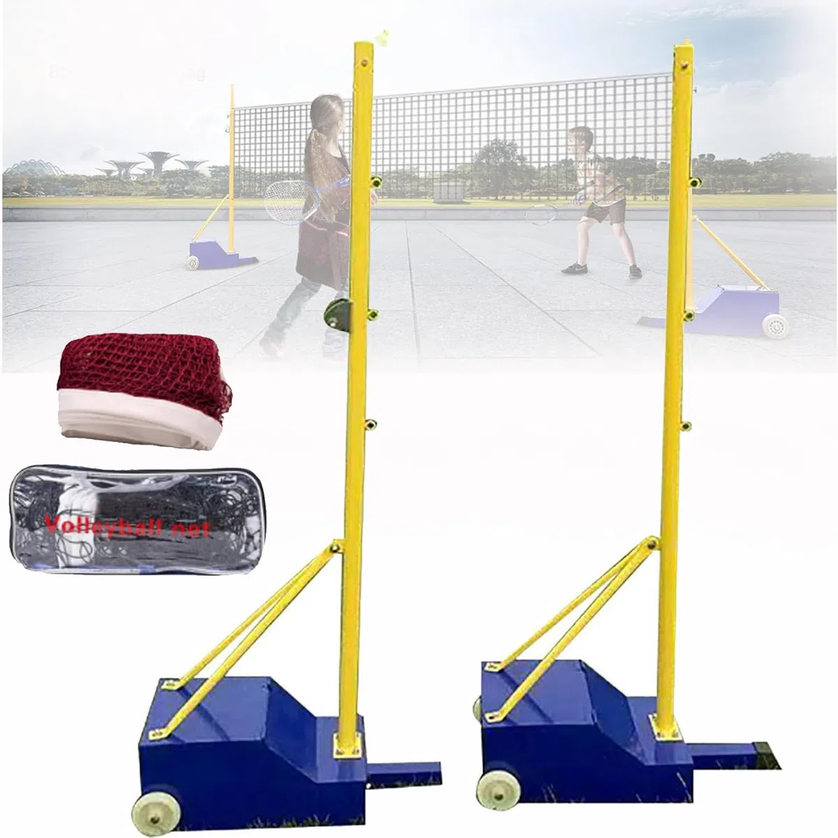 Bastoni da pallavolo e badminton con rete, telaio mobile per esterni, altezza regolabile, supporto in acciaio con ruota per una facile installazione