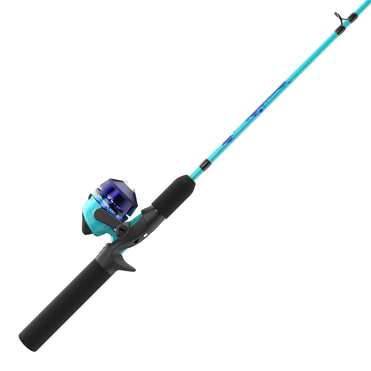 Zebco Kids Splash Jr. - Mulinello e canna da pesca combinata, canna da pesca da 1,2 m, 2 pezzi, misura 20, recupero mano destra, pre-bobinata con lenza Cajun da 2,7 kg