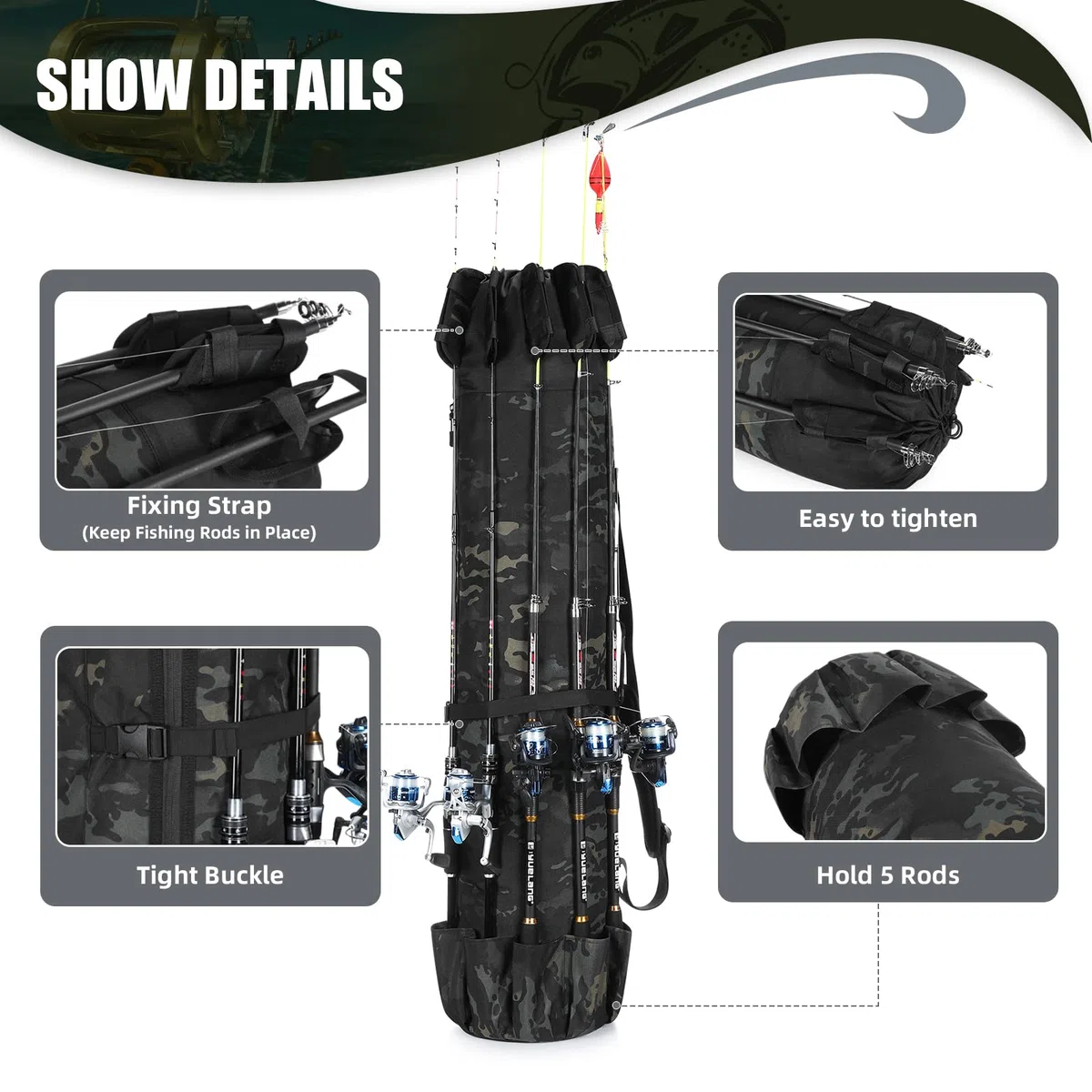 Borsa organizer per canna da pesca, per attrezzi e attrezzature da pesca, regalo per uomini, padri, figlie e amici, Caomo nero, all'aperto