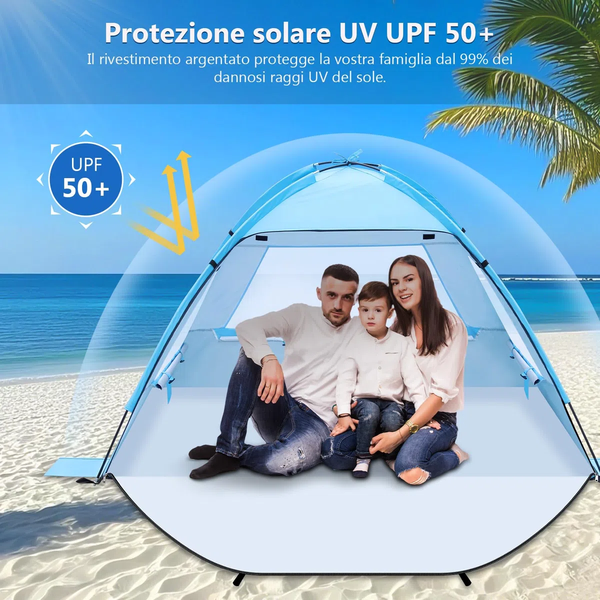 Tenda da Spiaggia e Campeggio, Tenda da Sole UV50+ Pieghevole e Impermeabile, Portatile con Massima Ventilazione e Finestre a Rete, Rifugio Stabile per Bambini e Famiglia