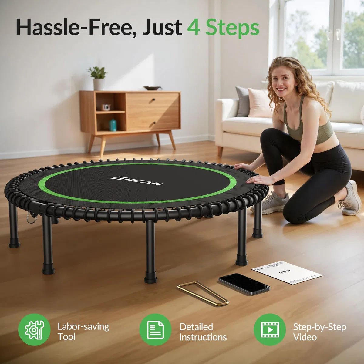 BCAN Mini trampolino pieghevole da 204/250 kg, 102/122 cm, per adulti con robuste corde in gomma, dispositivo di allenamento stabile e silenzioso, ideale per allenamento indoor/giardino