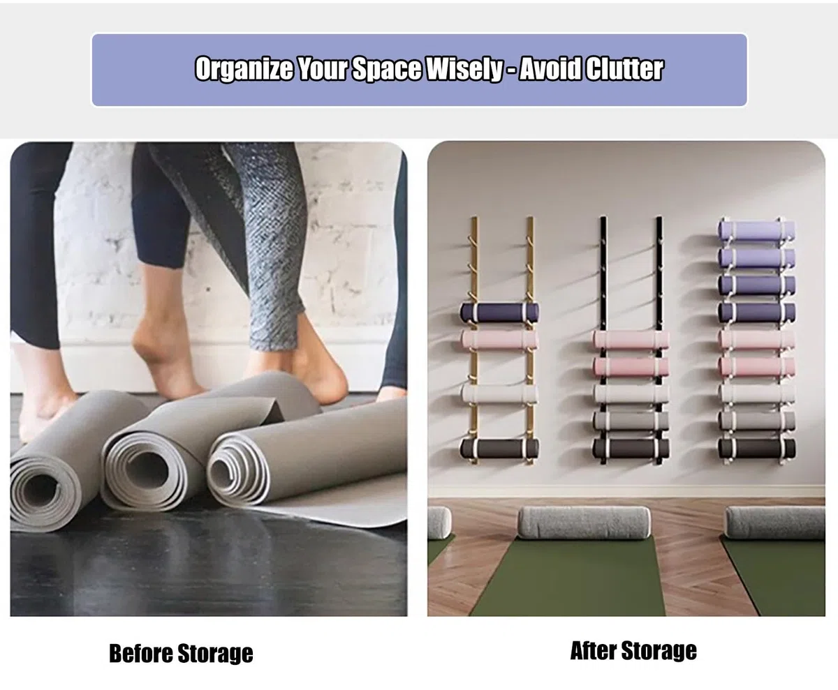 Supporto per Tappetino da Yoga Porta Tappetini Yoga da Parete, Porta Tappetino Yoga a Muro Organizzatore Palestra, Accessori Fitness per La Casa Stoccaggio per Cinghie Yoga Pilates Tappetini Rullo di