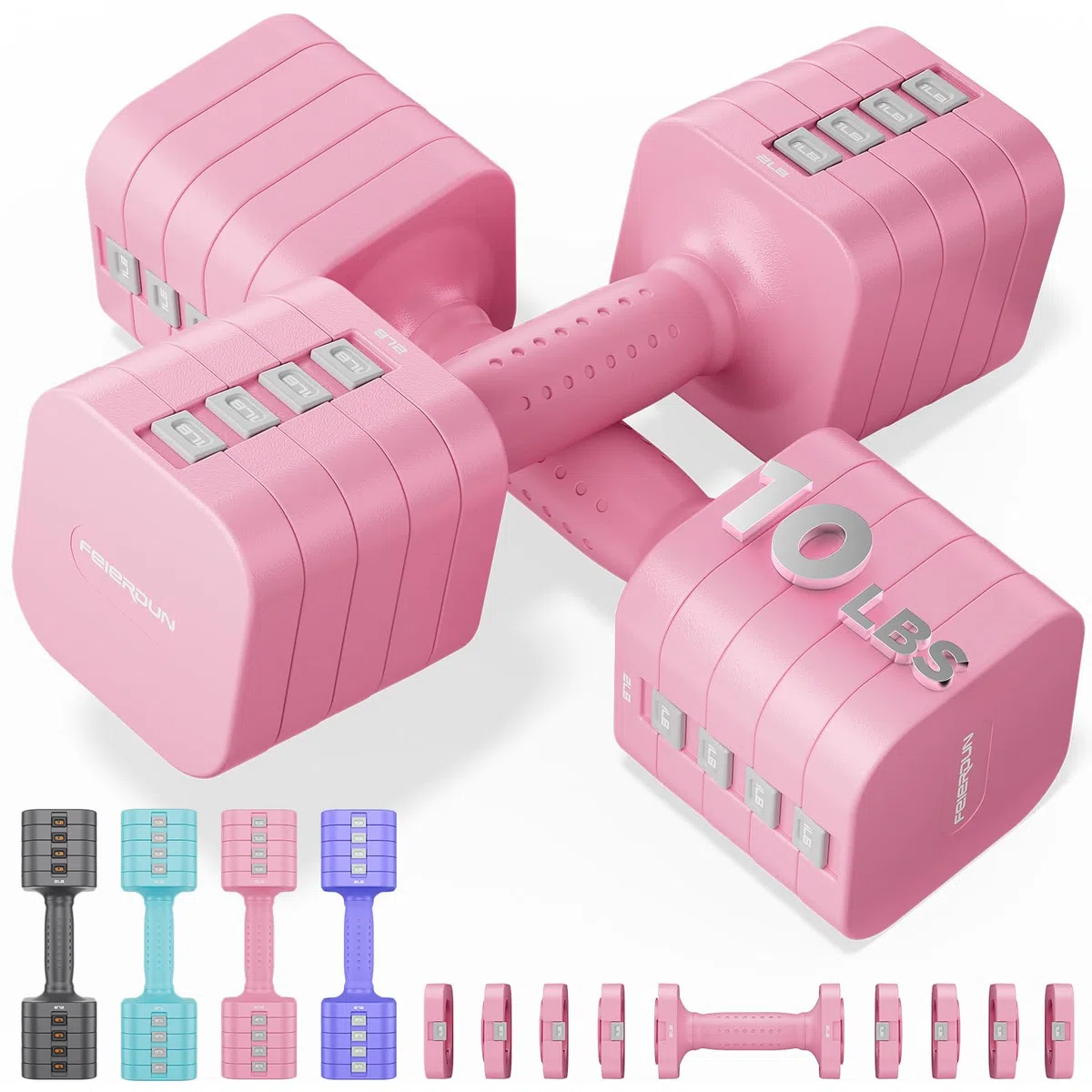 FEIERDUN Set di manubri regolabili 5 in 1, ognuno da 10/8/6/4/0,9 kg, set di manubri da donna con doppia stabilità, per palestra e attività all'aperto