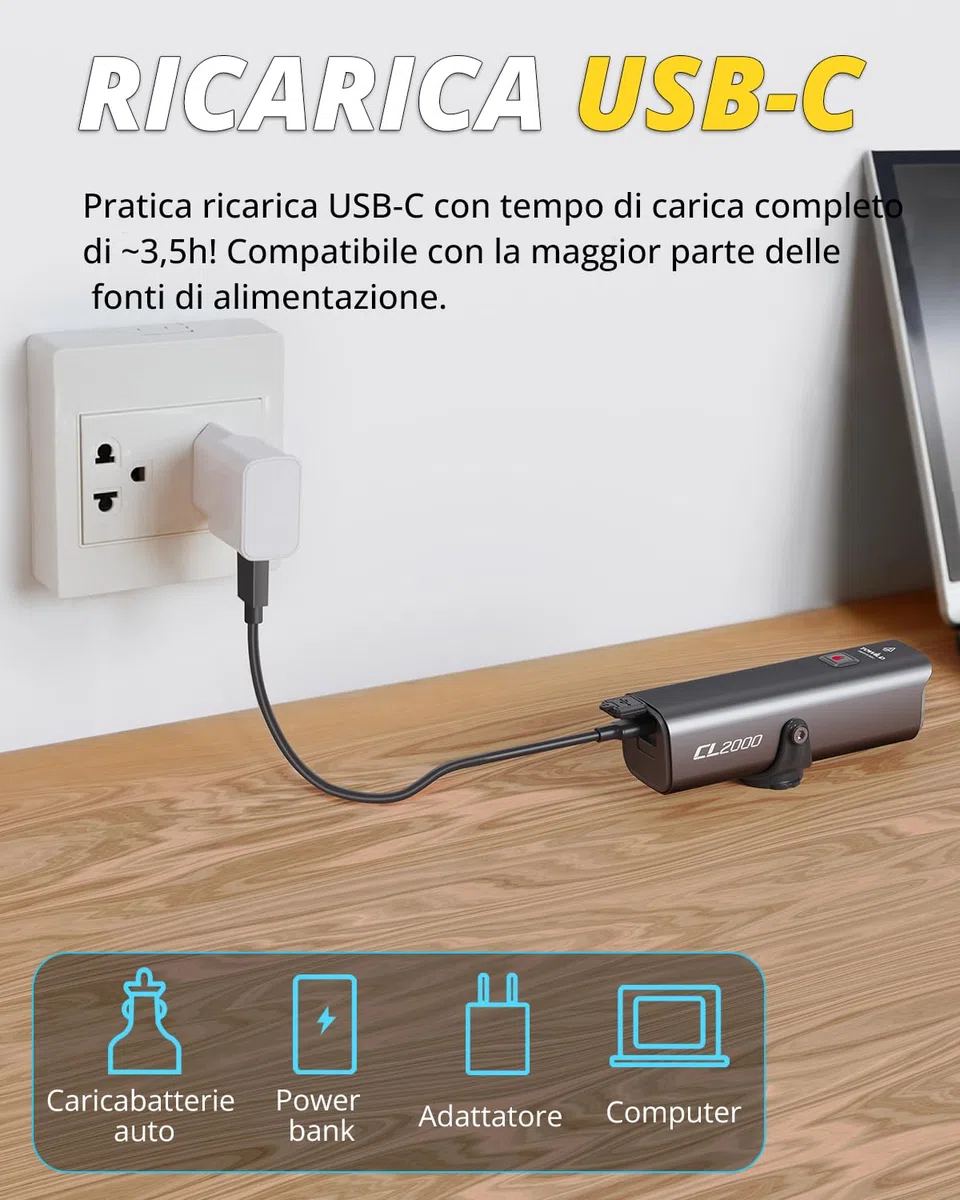 towild CL2000 Luci Bici 2000 Lumen Luce Bicicletta LED USB-C Ricaricabile da 5000mAh,Super Luminoso Antiabbagliante Luce per Bici Strada e Montagna, Impermeabili IPX6 Fanalini Anteriori Bici