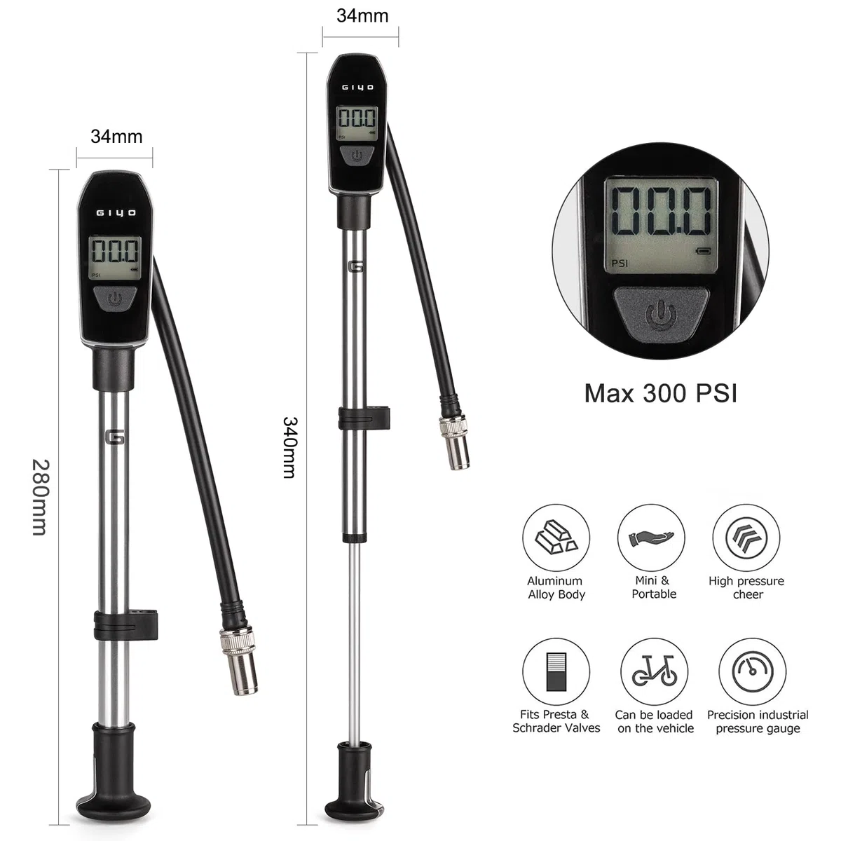 CXWXC Pompa per bicicletta con manometro, compatta per mountain bike e e-bike, in alluminio, 300 PSI