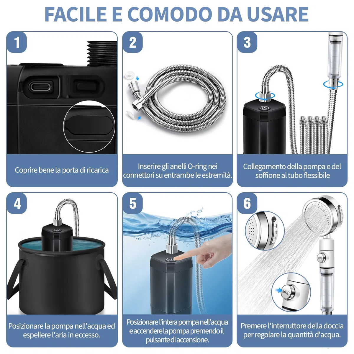 YOOHBERRYS Doccia Portatile, Doccia Campeggio Aggiornata con 20L Secchio Pieghevole Doccia Elettrica con Batteria da 6000 mAh, Doccia Filtrabile, Display Ddella Temperatura per Giardino, Campeggio
