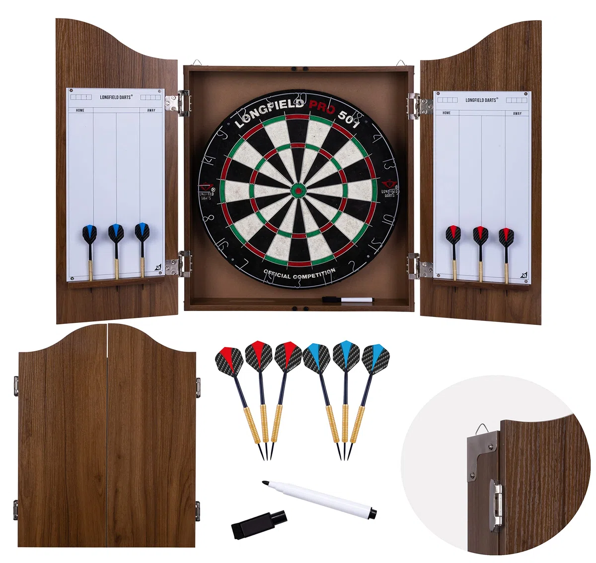 Engelhart - 065016-M - Bersagli Standard Armadio di Legno, Inclusi Freccette di Sisal da Competizione, 6 Freccette in Ottone 18 gr, Gessi e Spugna (Castagna)