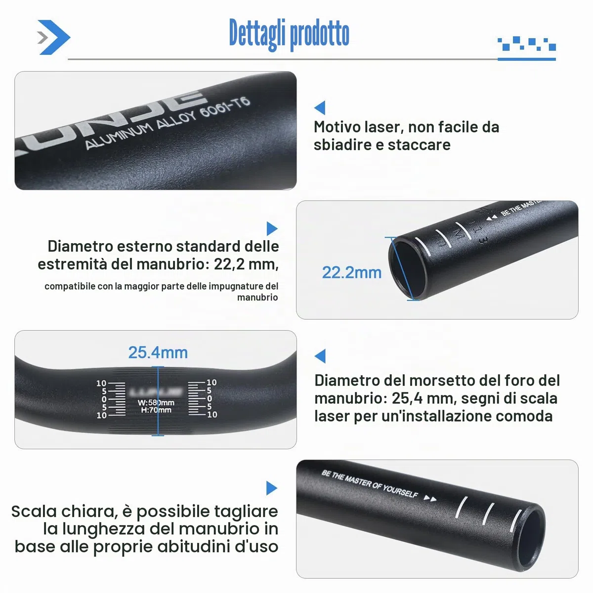 Manubrio per Bicicletta 25,4 * 580mm in Lega di Alluminio Manubrio bici 70mm Riser Bars per Bici da Strada Mountain Bike MTB