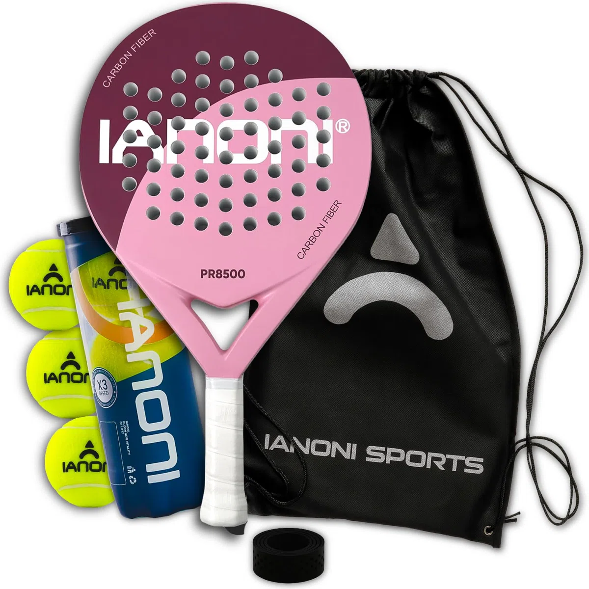 ianoni Racchetta da padel con superficie in fibra di carbonio con nucleo in schiuma EVA Memory Flex – 8500 rosa racchetta + borsa + 3 palline Pro + presa extra