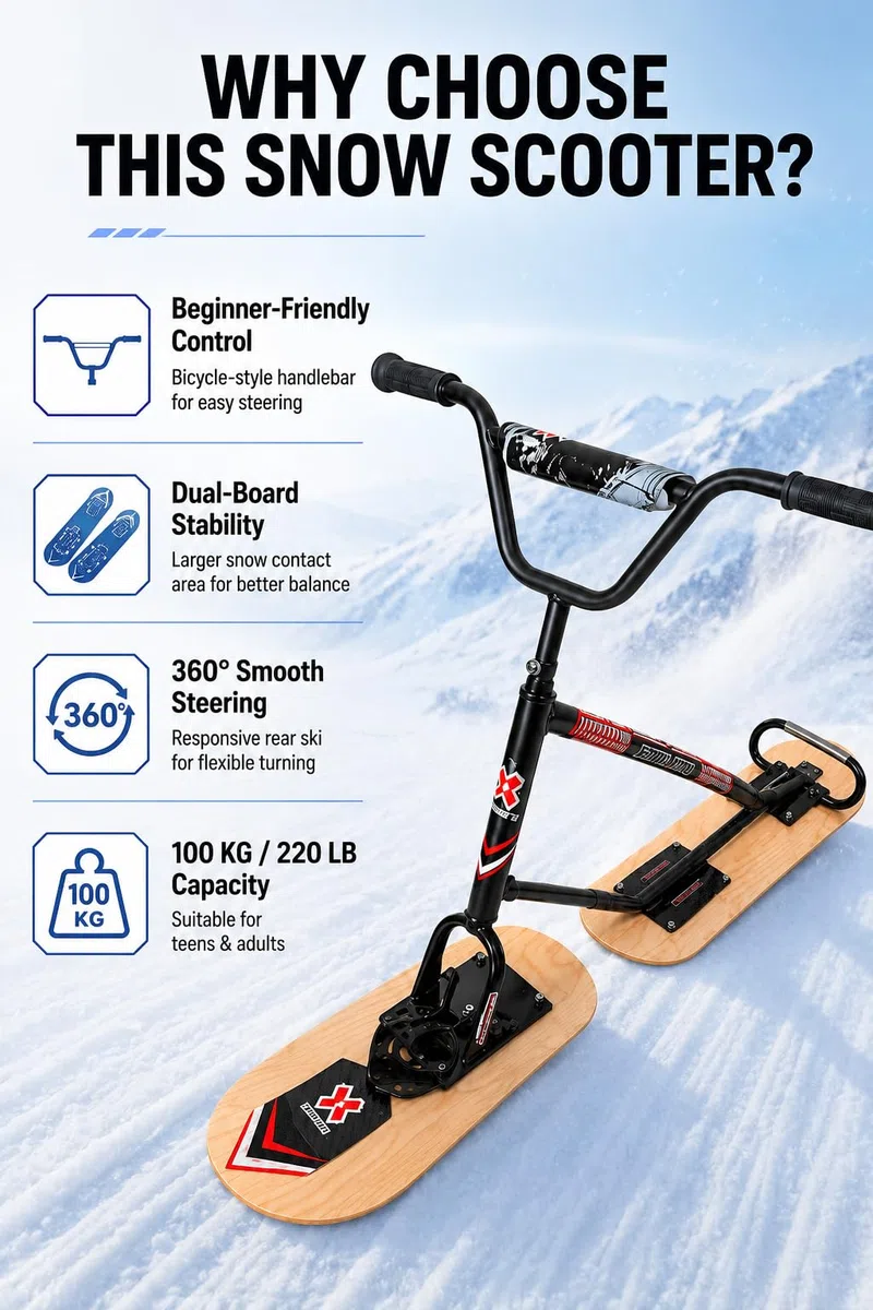 Monopattino Da Neve Adulti E Adolescenti, Struttura In Acciaio Rinforzato Doppio Sled Da Snowboard, Capacità 150 Kg, Sci In Legno Spesso Resistente Divertirsi Su Neve E Ghiaccio Naturalwoodcolor