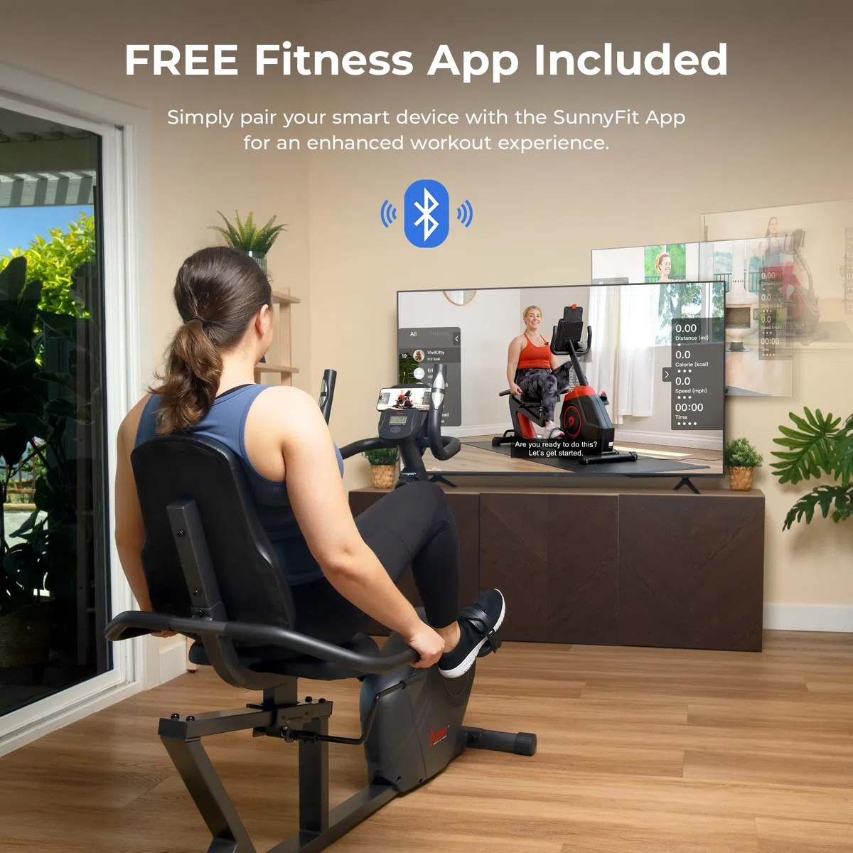 Sunny Health & Fitness Cyclette Orizzontale per a Basso Impatto Cardio | App SunnyFit, Resistenza Magnetica a 8 Livelli, Sedile Regolabile, Sensori Cardio, Portata Fino a 120 kg